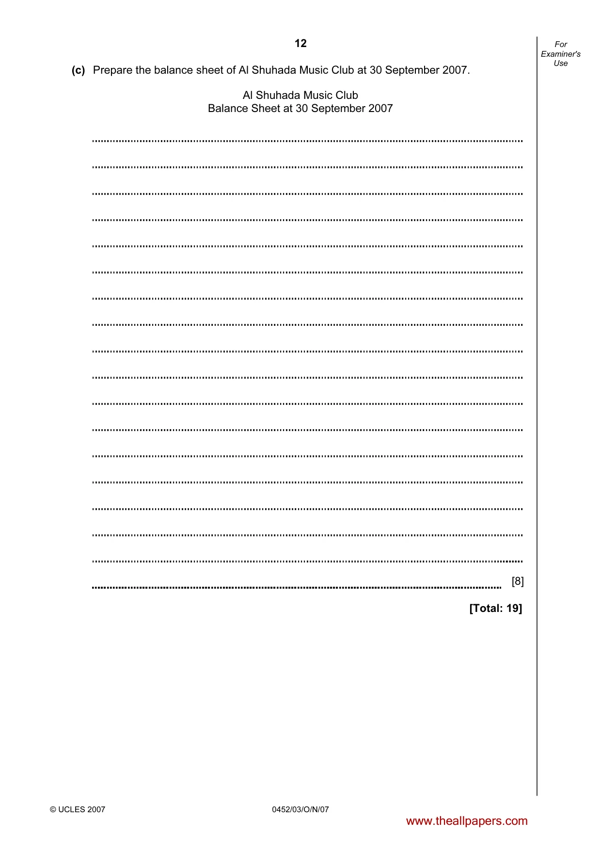 Cambridge IGCSE Accounting 0452 2007 Oct/Nov Paper 3 · Variant 1 question paper, page 12 of 20