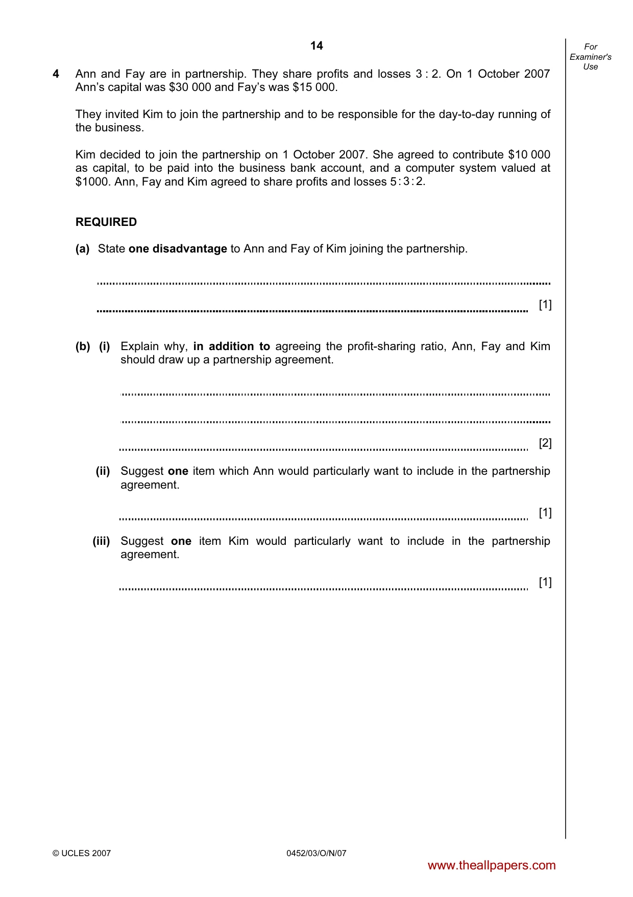 Cambridge IGCSE Accounting 0452 2007 Oct/Nov Paper 3 · Variant 1 question paper, page 14 of 20