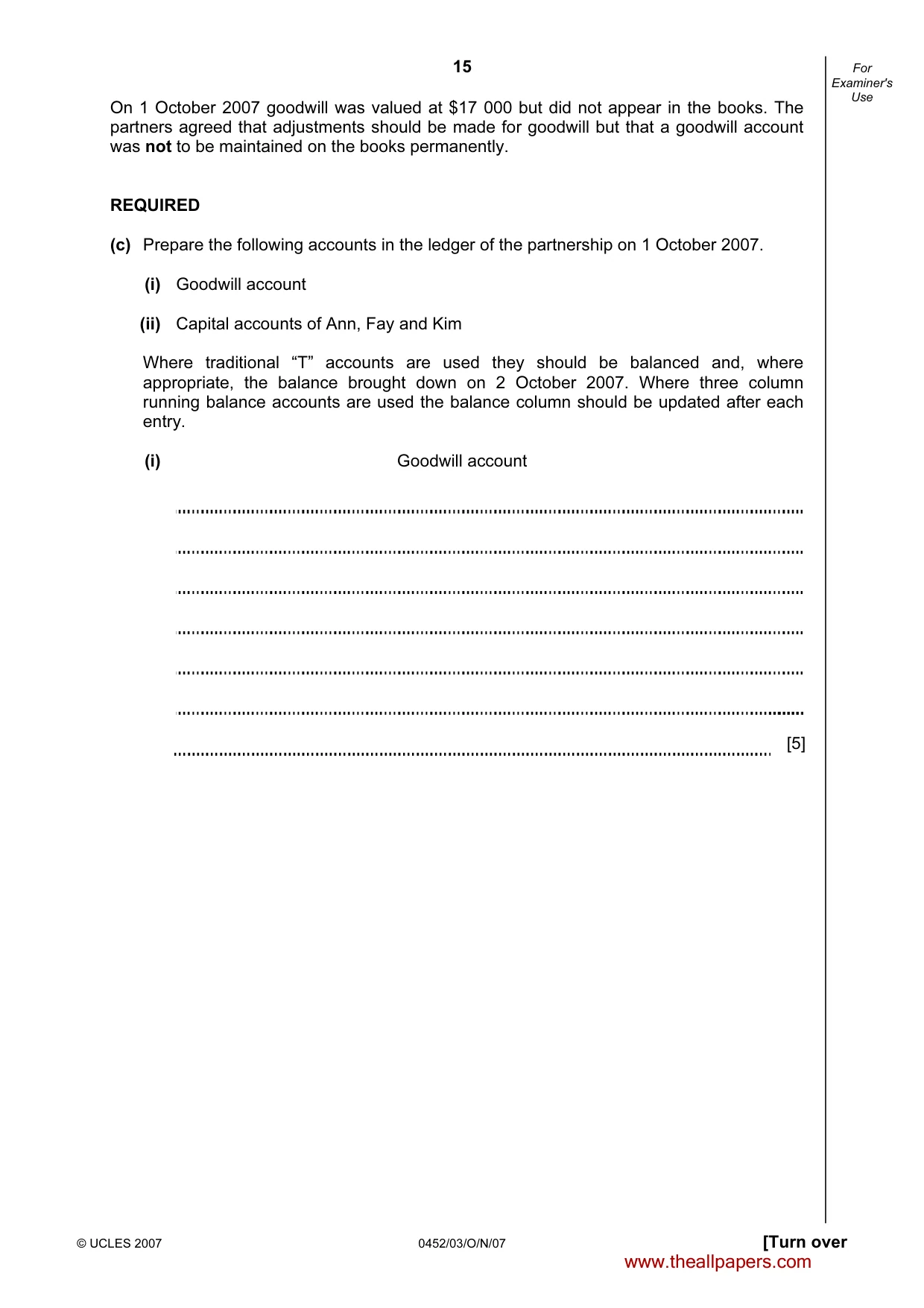 Cambridge IGCSE Accounting 0452 2007 Oct/Nov Paper 3 · Variant 1 question paper, page 15 of 20