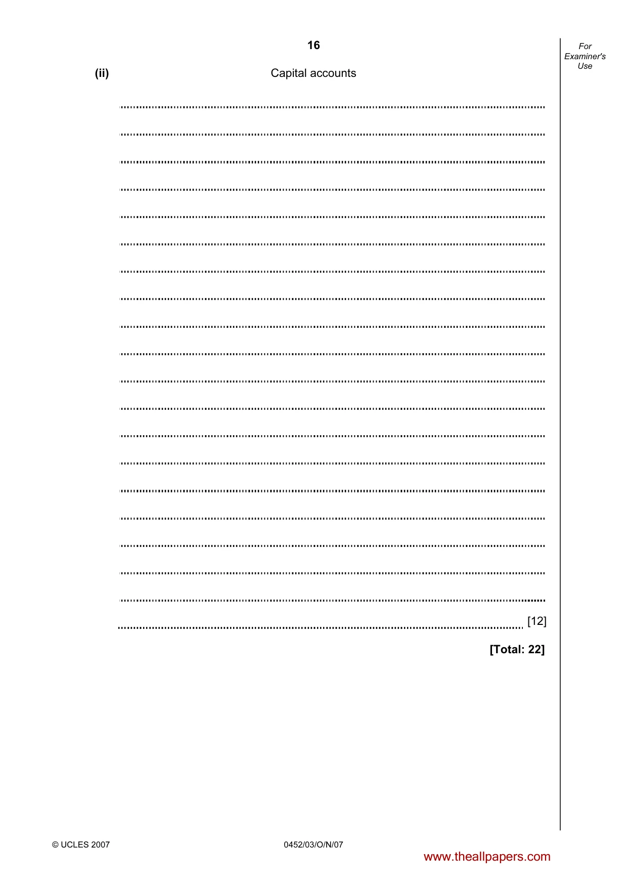 Cambridge IGCSE Accounting 0452 2007 Oct/Nov Paper 3 · Variant 1 question paper, page 16 of 20