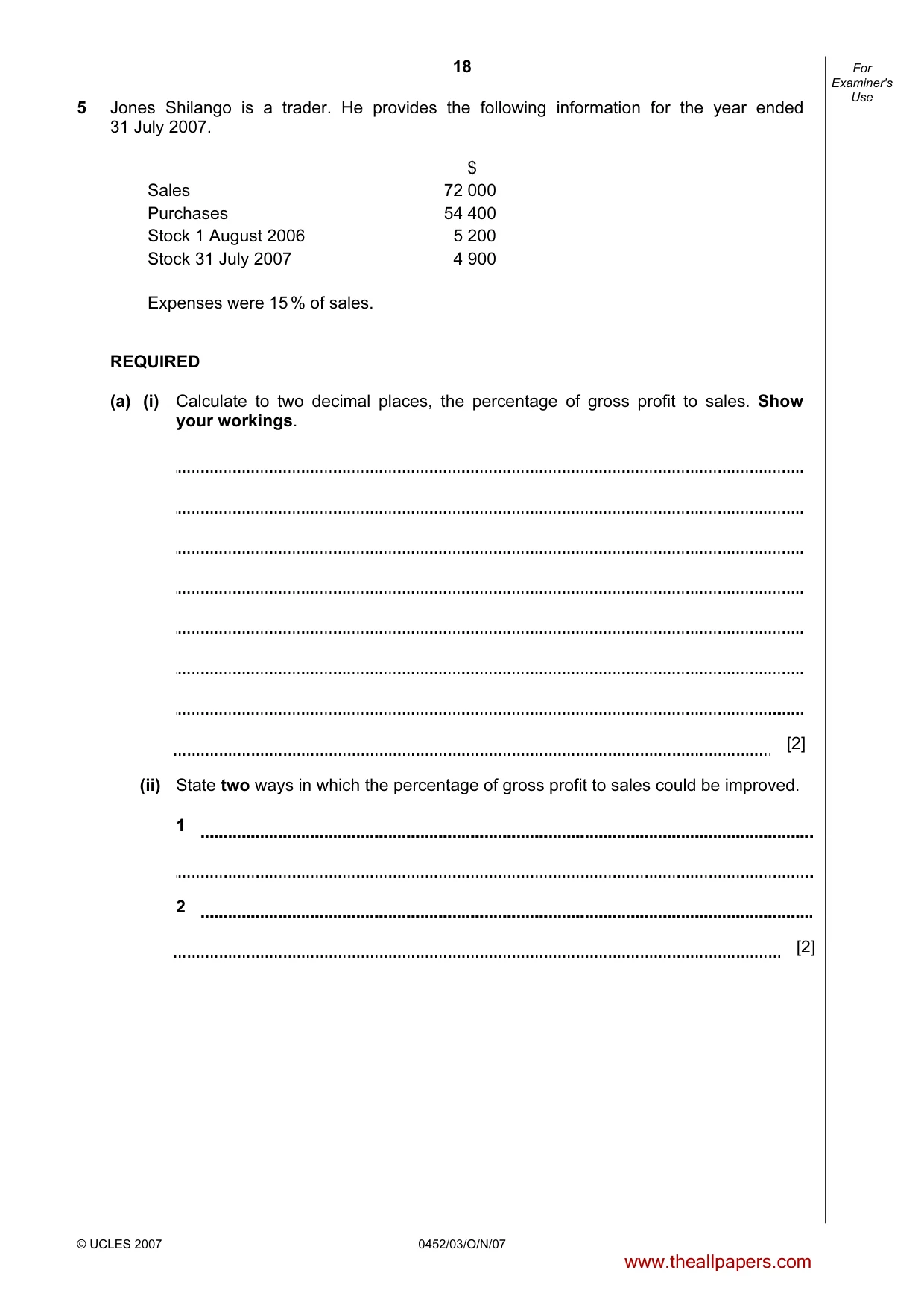 Cambridge IGCSE Accounting 0452 2007 Oct/Nov Paper 3 · Variant 1 question paper, page 18 of 20