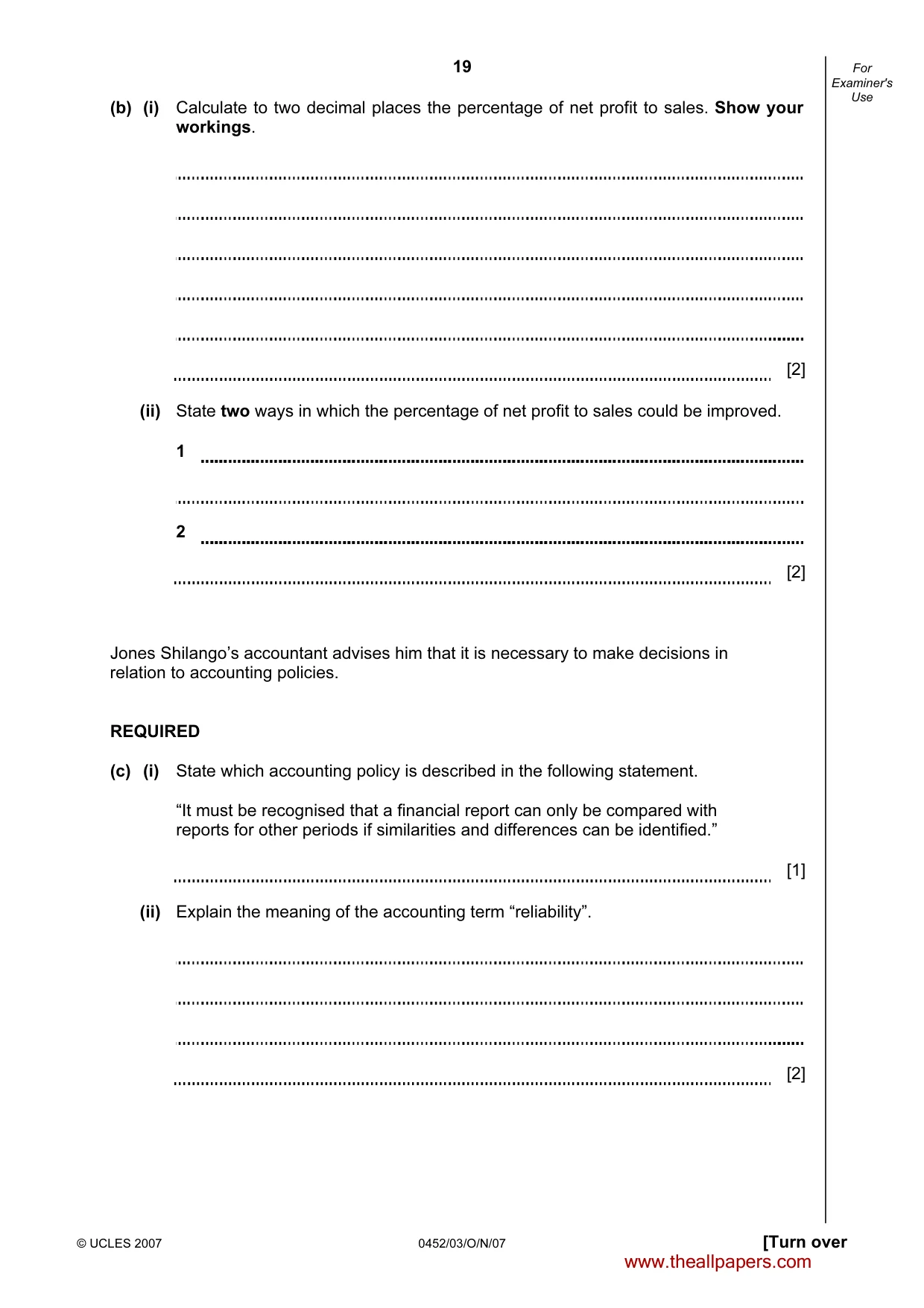 Cambridge IGCSE Accounting 0452 2007 Oct/Nov Paper 3 · Variant 1 question paper, page 19 of 20