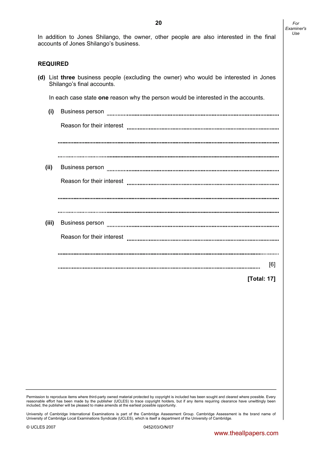 Cambridge IGCSE Accounting 0452 2007 Oct/Nov Paper 3 · Variant 1 question paper, page 20 of 20