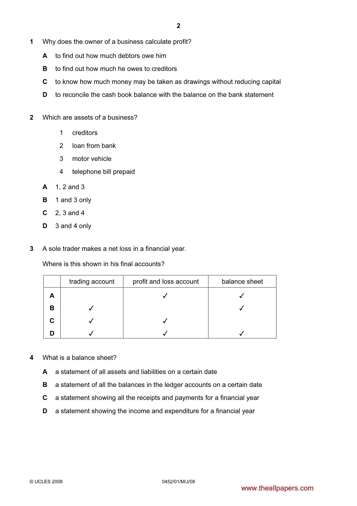 Cambridge IGCSE Accounting 0452 2008 May/June Paper 1 · Variant 1 question paper, page 2 of 12