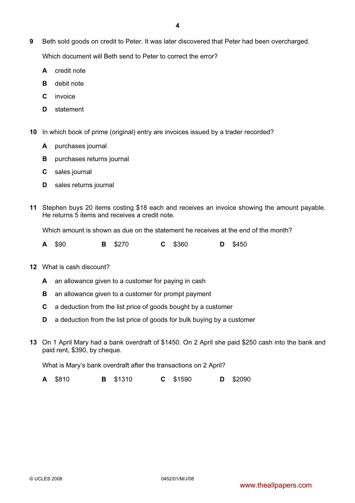 Cambridge IGCSE Accounting 0452 2008 May/June Paper 1 · Variant 1 question paper, page 4 of 12
