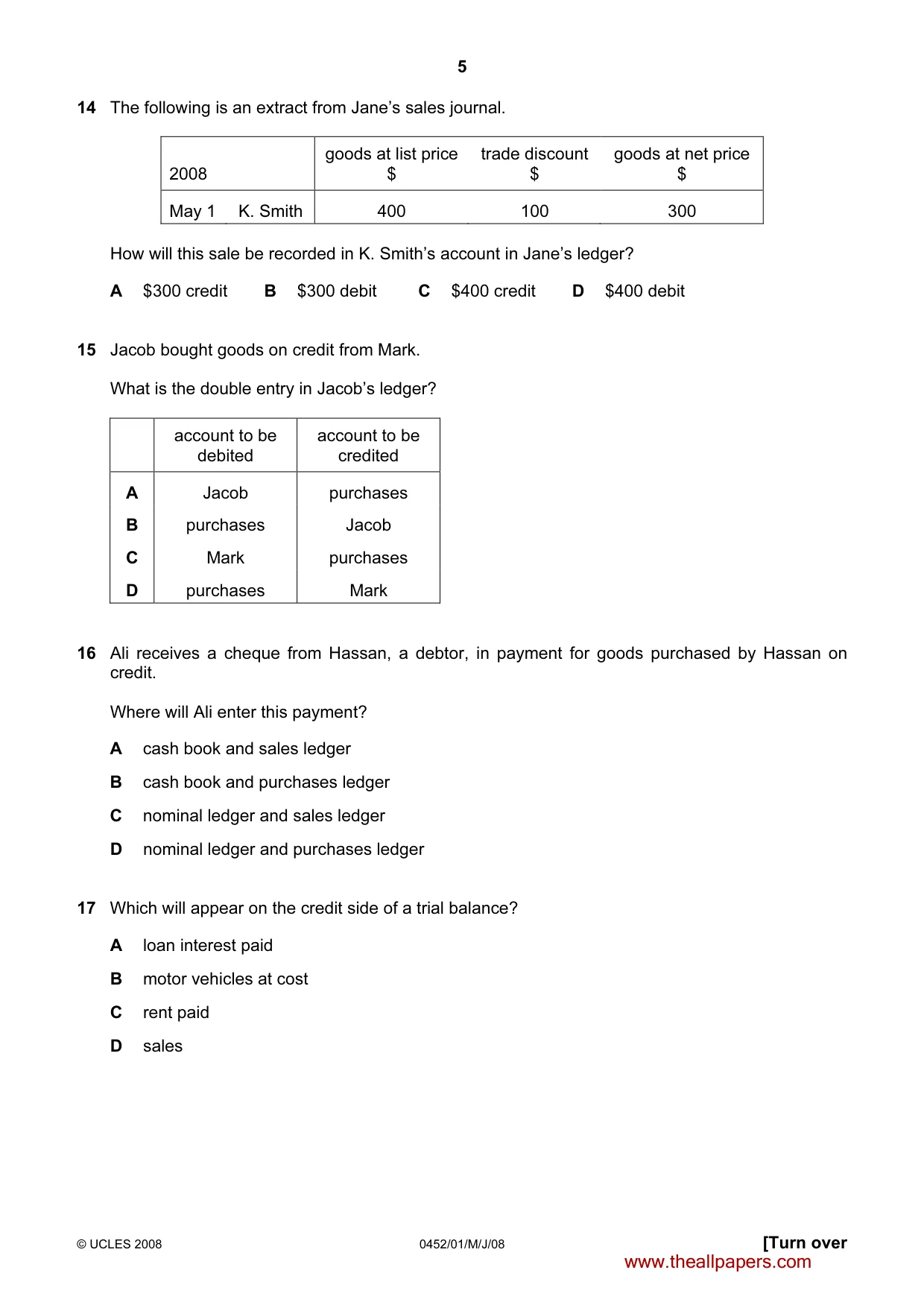 Cambridge IGCSE Accounting 0452 2008 May/June Paper 1 · Variant 1 question paper, page 5 of 12