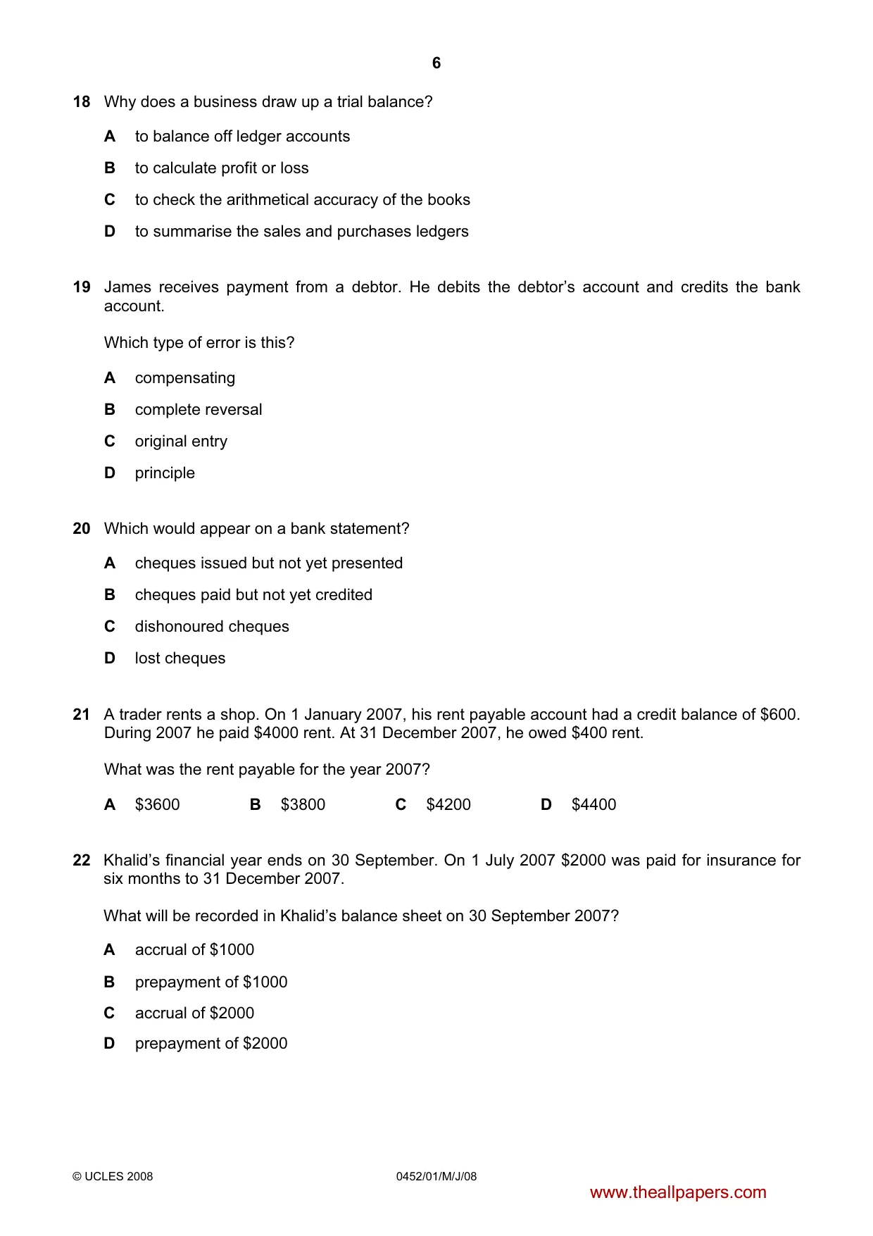 Cambridge IGCSE Accounting 0452 2008 May/June Paper 1 · Variant 1 question paper, page 6 of 12