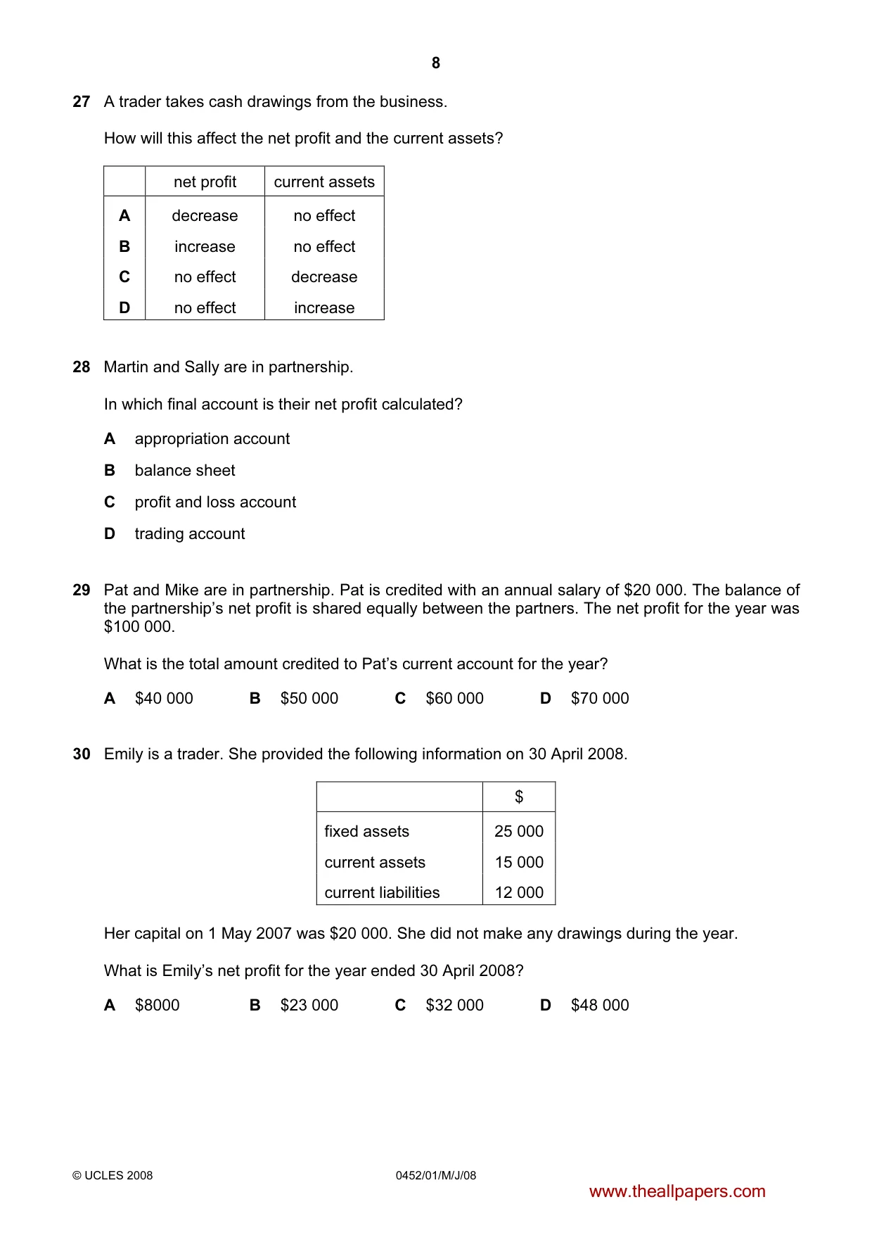 Cambridge IGCSE Accounting 0452 2008 May/June Paper 1 · Variant 1 question paper, page 8 of 12