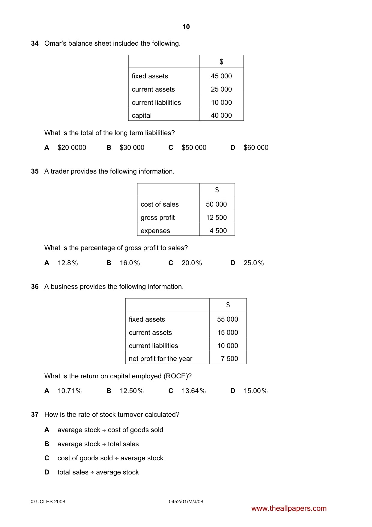 Cambridge IGCSE Accounting 0452 2008 May/June Paper 1 · Variant 1 question paper, page 10 of 12
