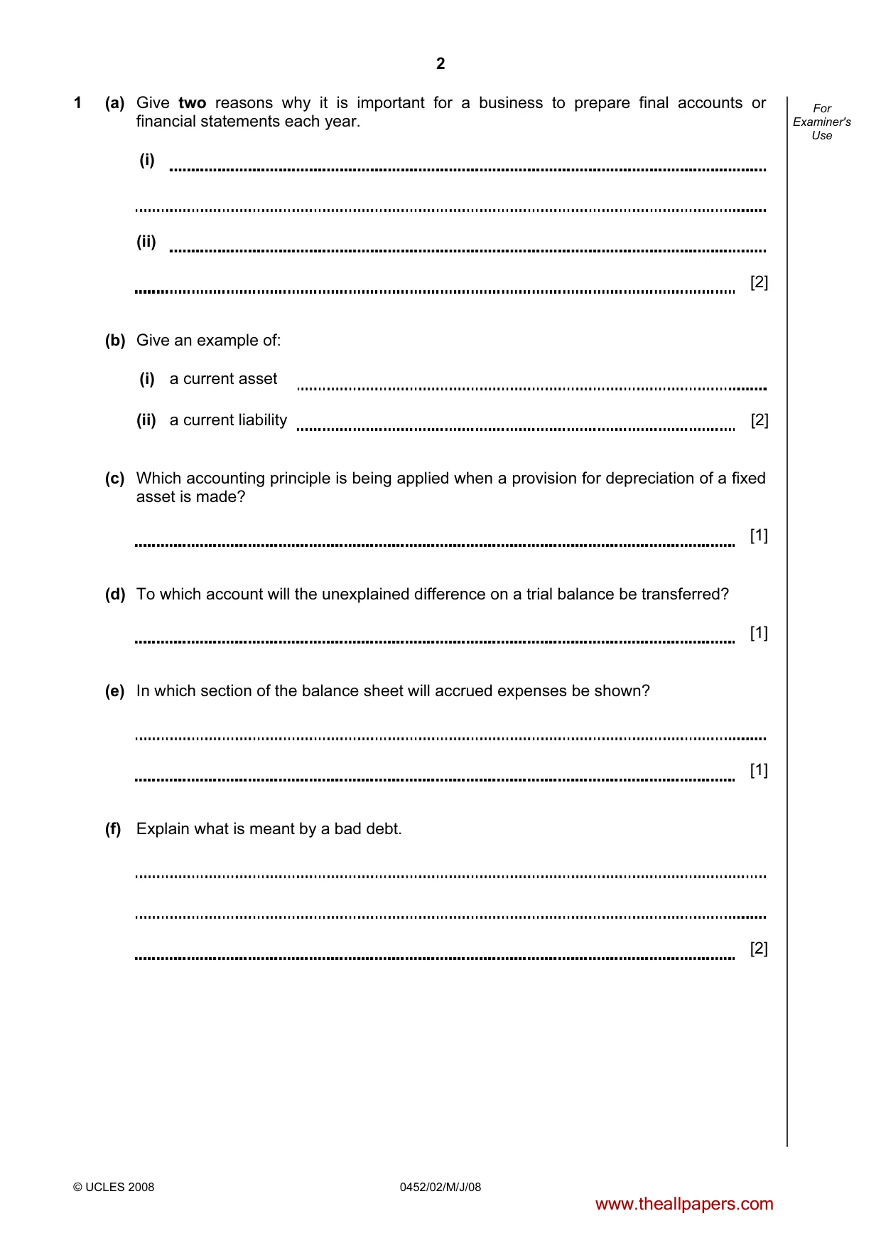 Cambridge IGCSE Accounting 0452 2008 May/June Paper 2 · Variant 1 question paper, page 2 of 16