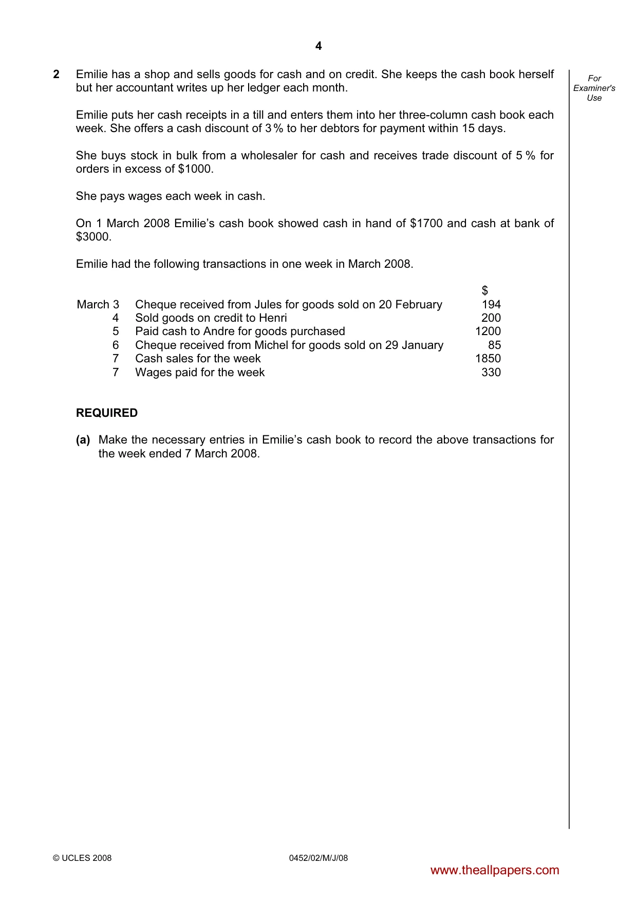 Cambridge IGCSE Accounting 0452 2008 May/June Paper 2 · Variant 1 question paper, page 4 of 16