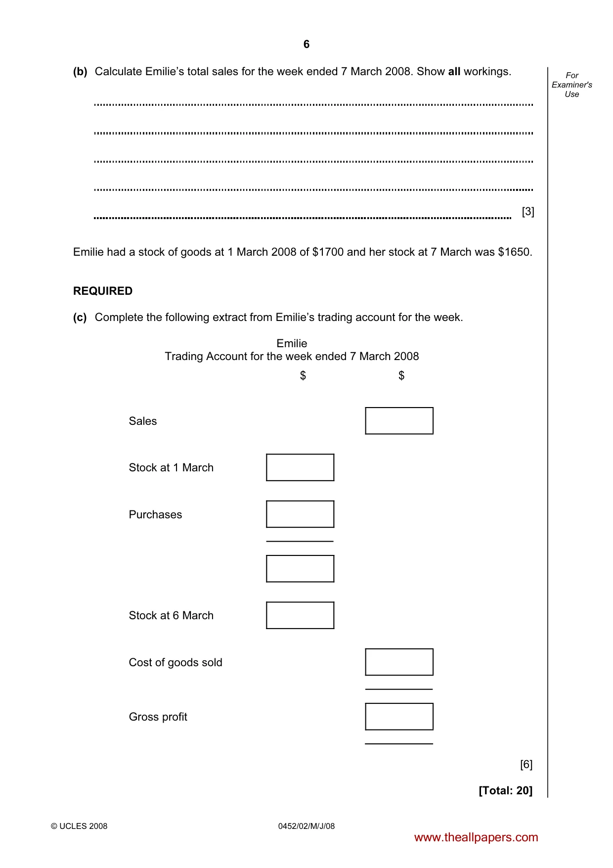 Cambridge IGCSE Accounting 0452 2008 May/June Paper 2 · Variant 1 question paper, page 6 of 16