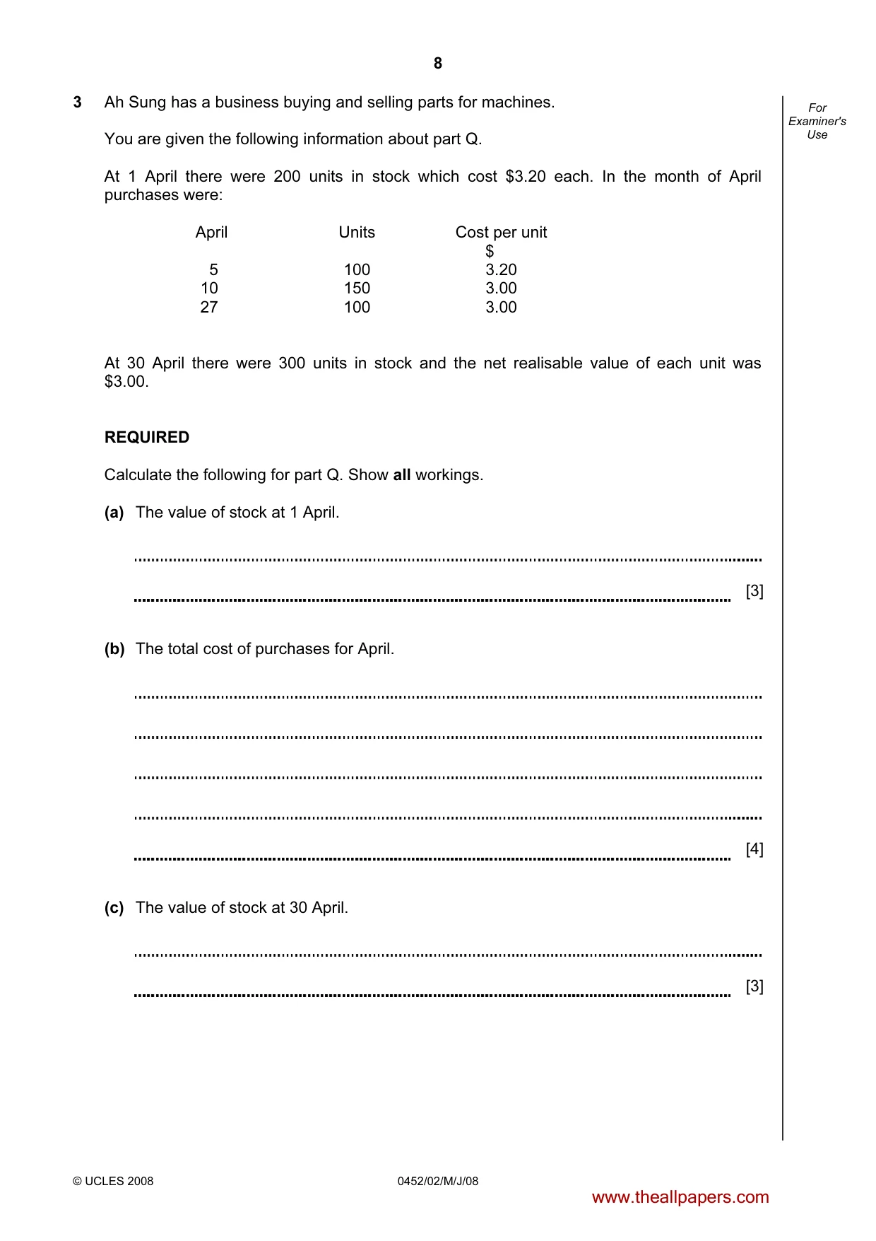 Cambridge IGCSE Accounting 0452 2008 May/June Paper 2 · Variant 1 question paper, page 8 of 16