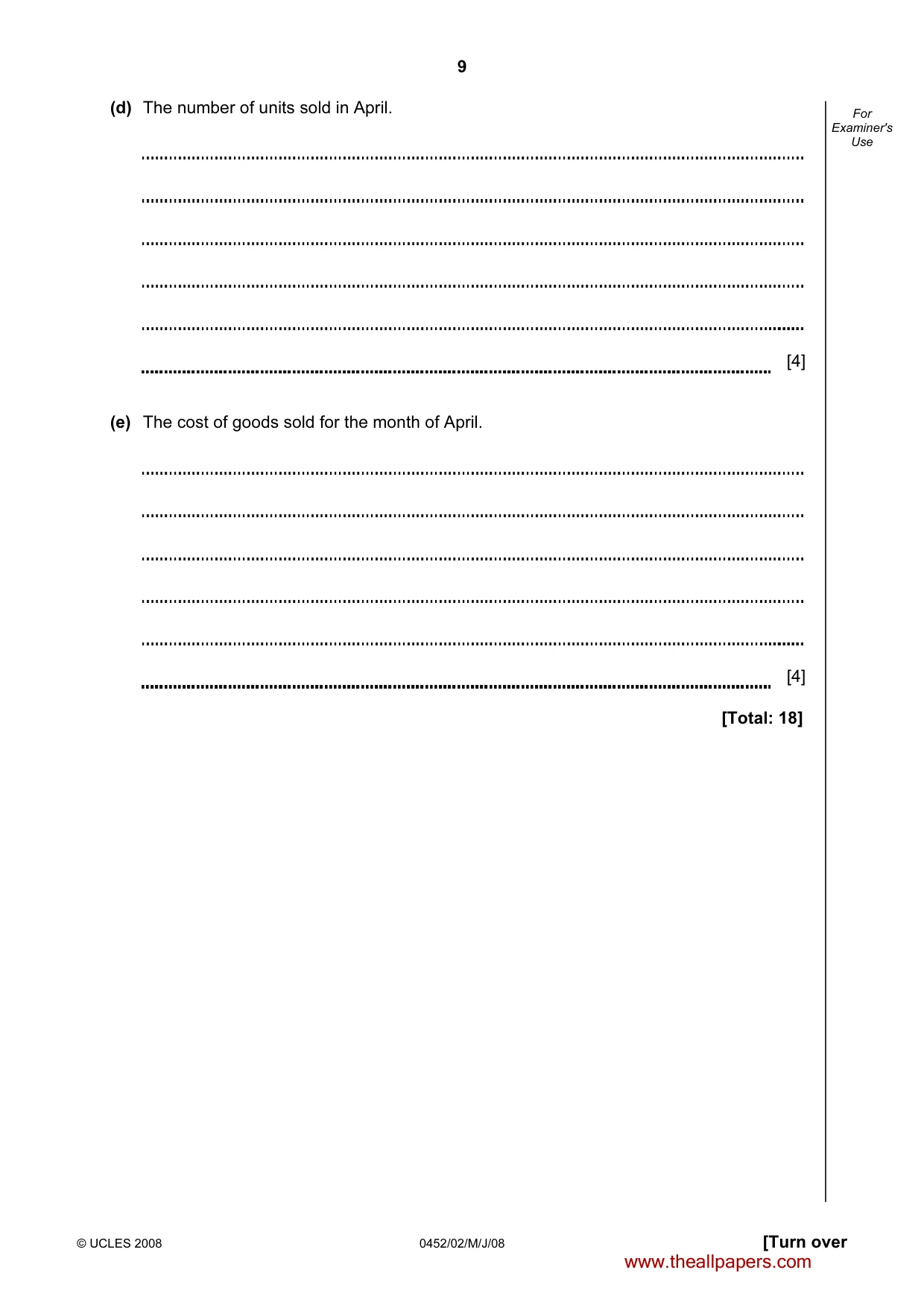 Cambridge IGCSE Accounting 0452 2008 May/June Paper 2 · Variant 1 question paper, page 9 of 16