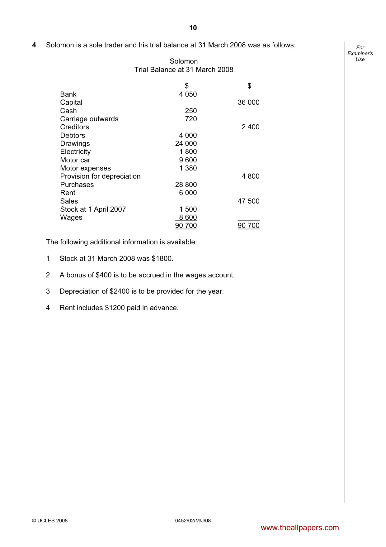 Cambridge IGCSE Accounting 0452 2008 May/June Paper 2 · Variant 1 question paper, page 10 of 16