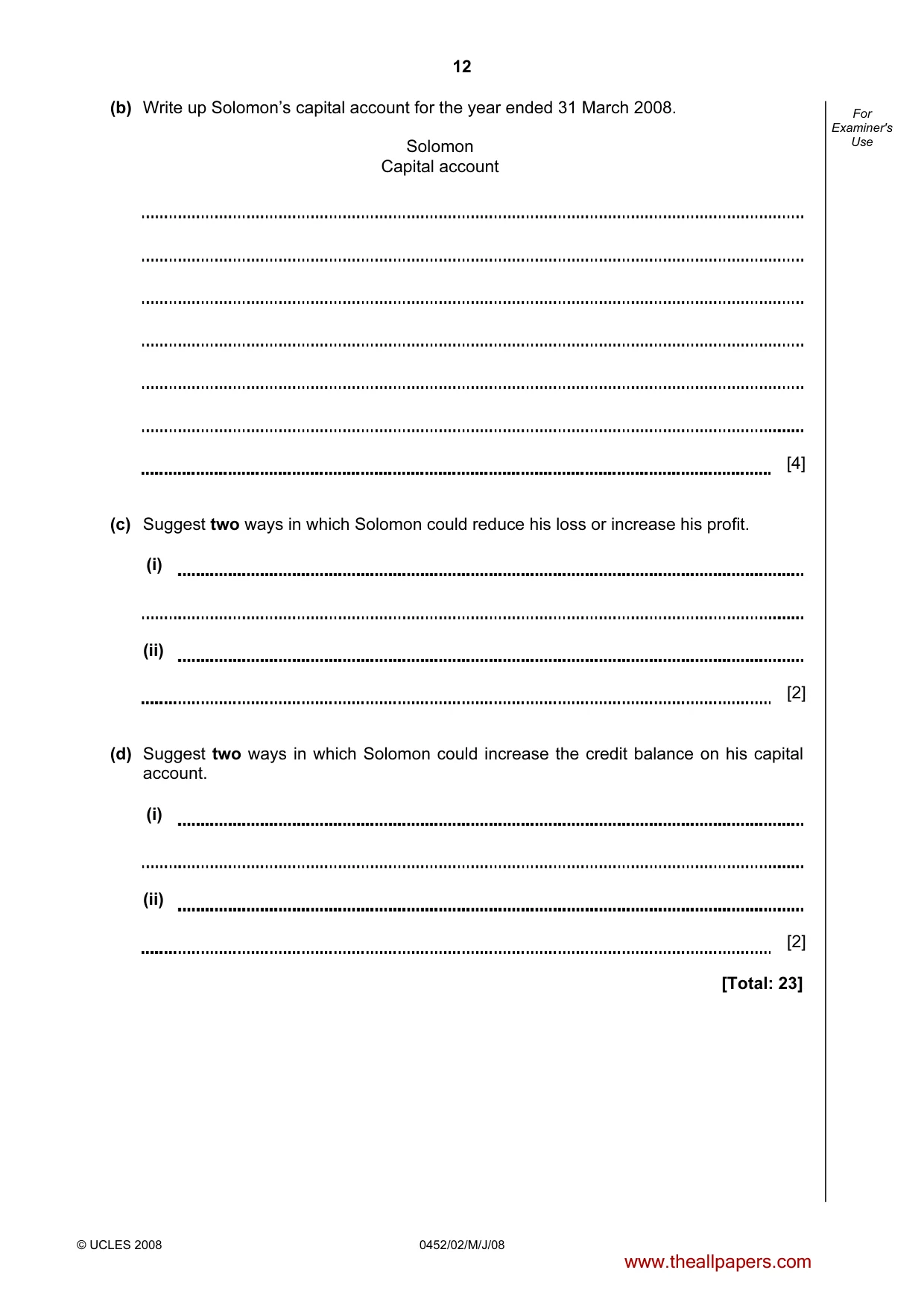Cambridge IGCSE Accounting 0452 2008 May/June Paper 2 · Variant 1 question paper, page 12 of 16