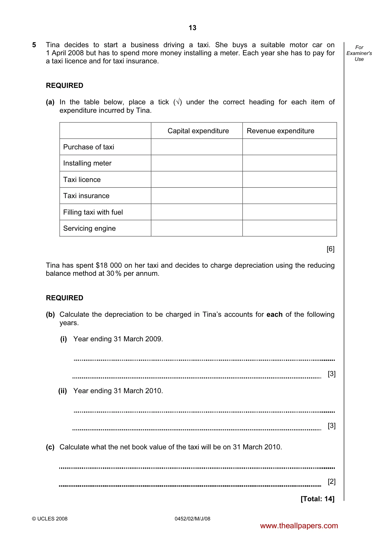 Cambridge IGCSE Accounting 0452 2008 May/June Paper 2 · Variant 1 question paper, page 13 of 16
