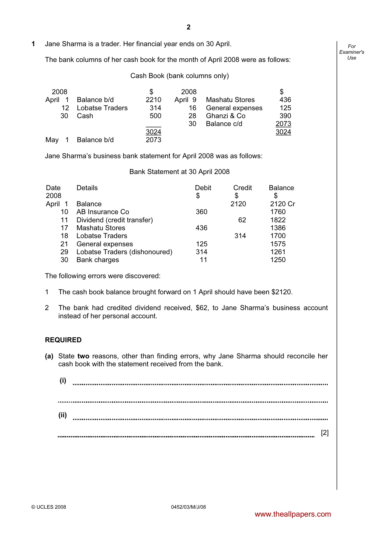 Cambridge IGCSE Accounting 0452 2008 May/June Paper 3 · Variant 1 question paper, page 2 of 20