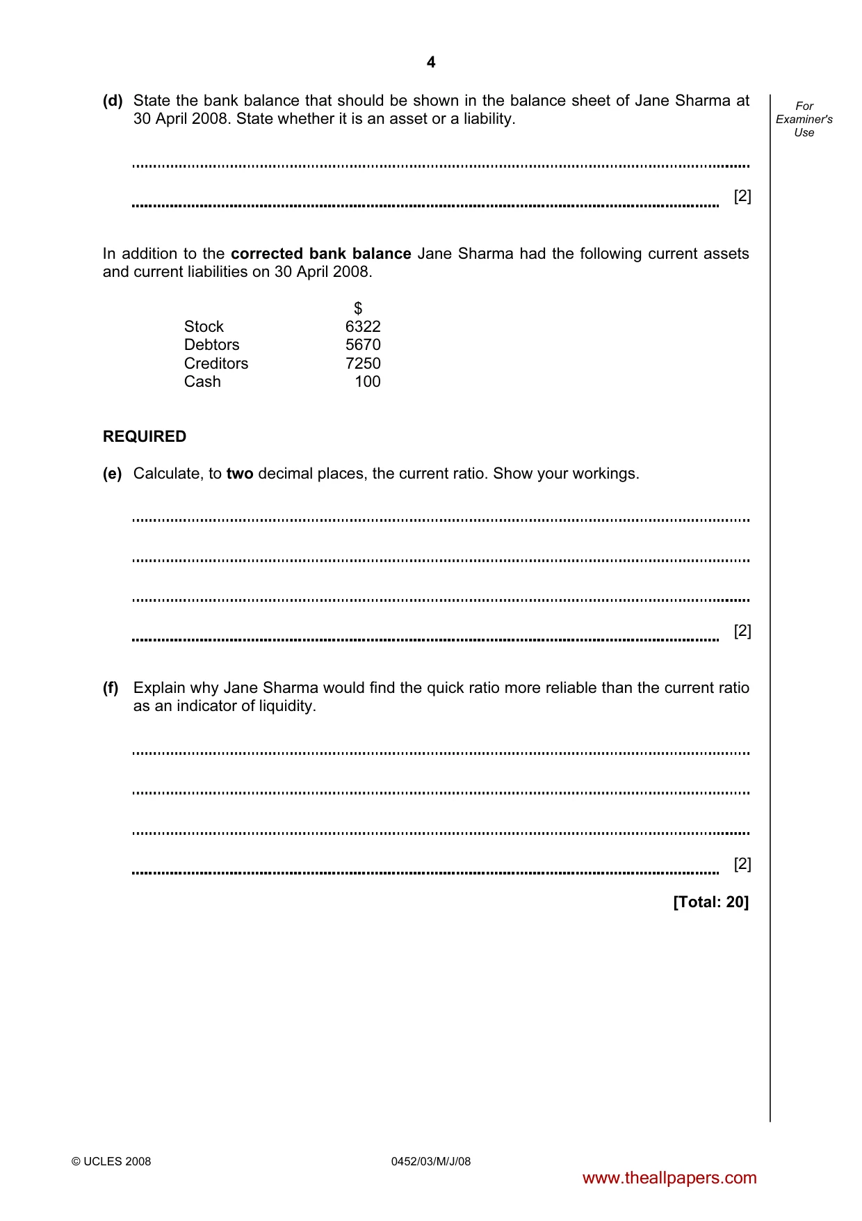 Cambridge IGCSE Accounting 0452 2008 May/June Paper 3 · Variant 1 question paper, page 4 of 20