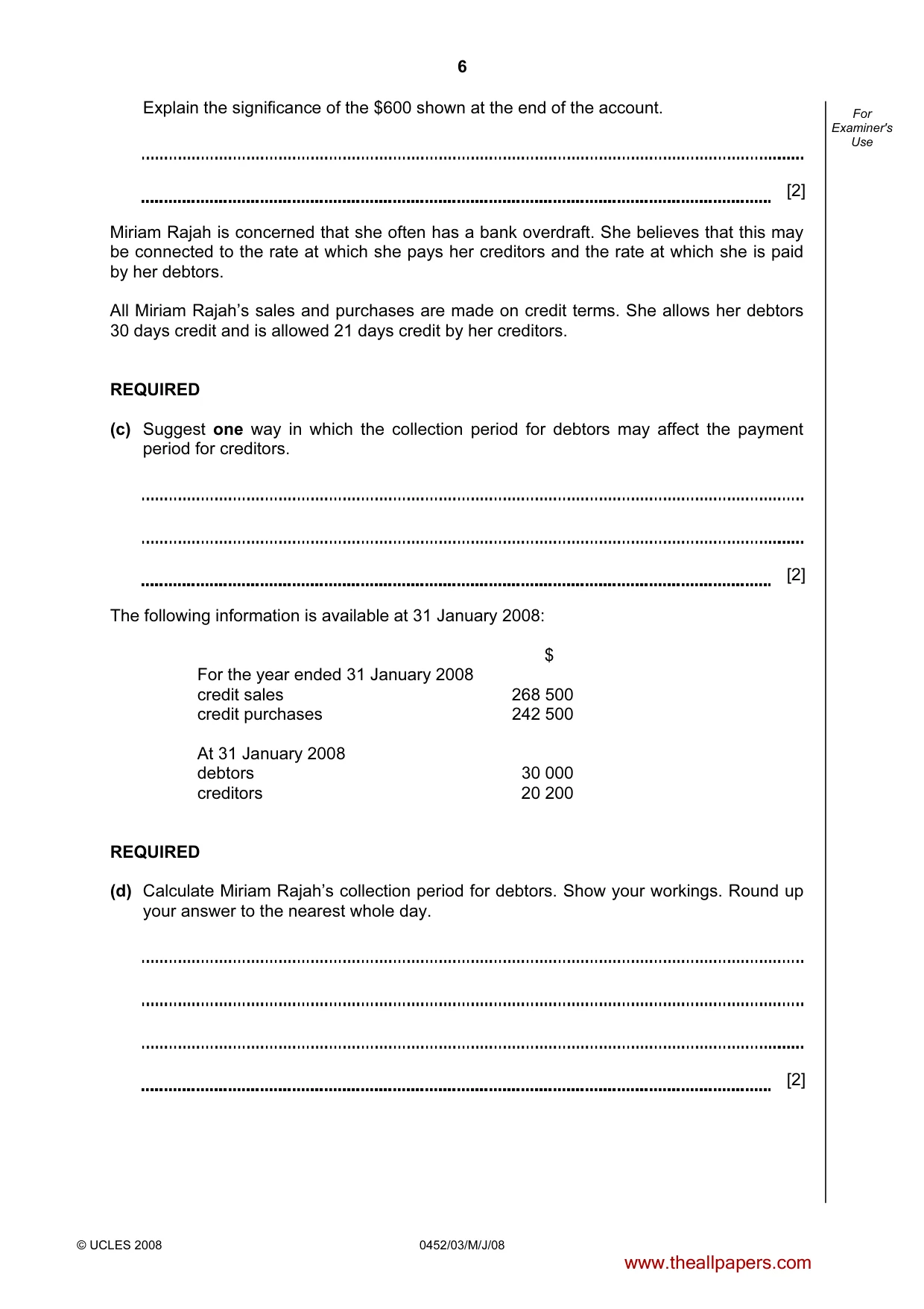 Cambridge IGCSE Accounting 0452 2008 May/June Paper 3 · Variant 1 question paper, page 6 of 20