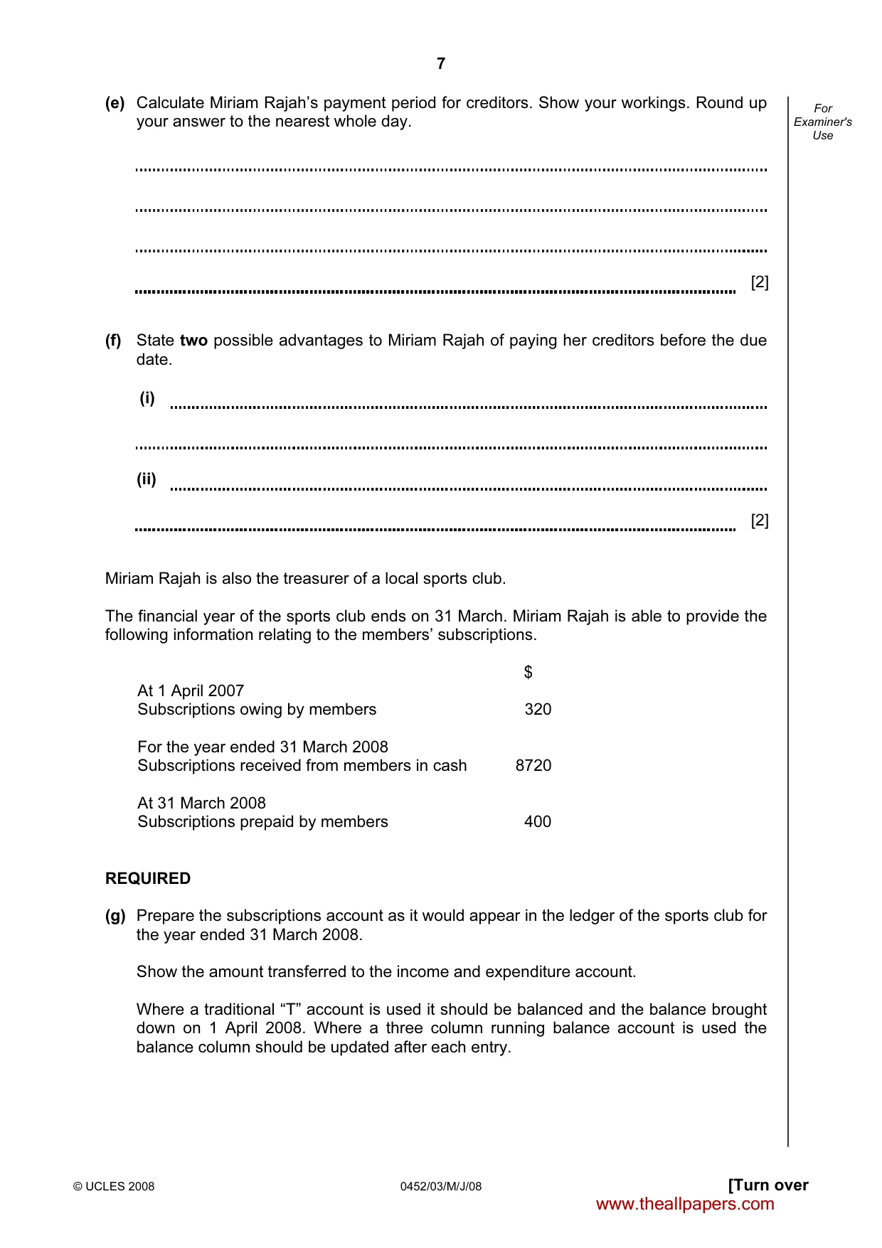 Cambridge IGCSE Accounting 0452 2008 May/June Paper 3 · Variant 1 question paper, page 7 of 20