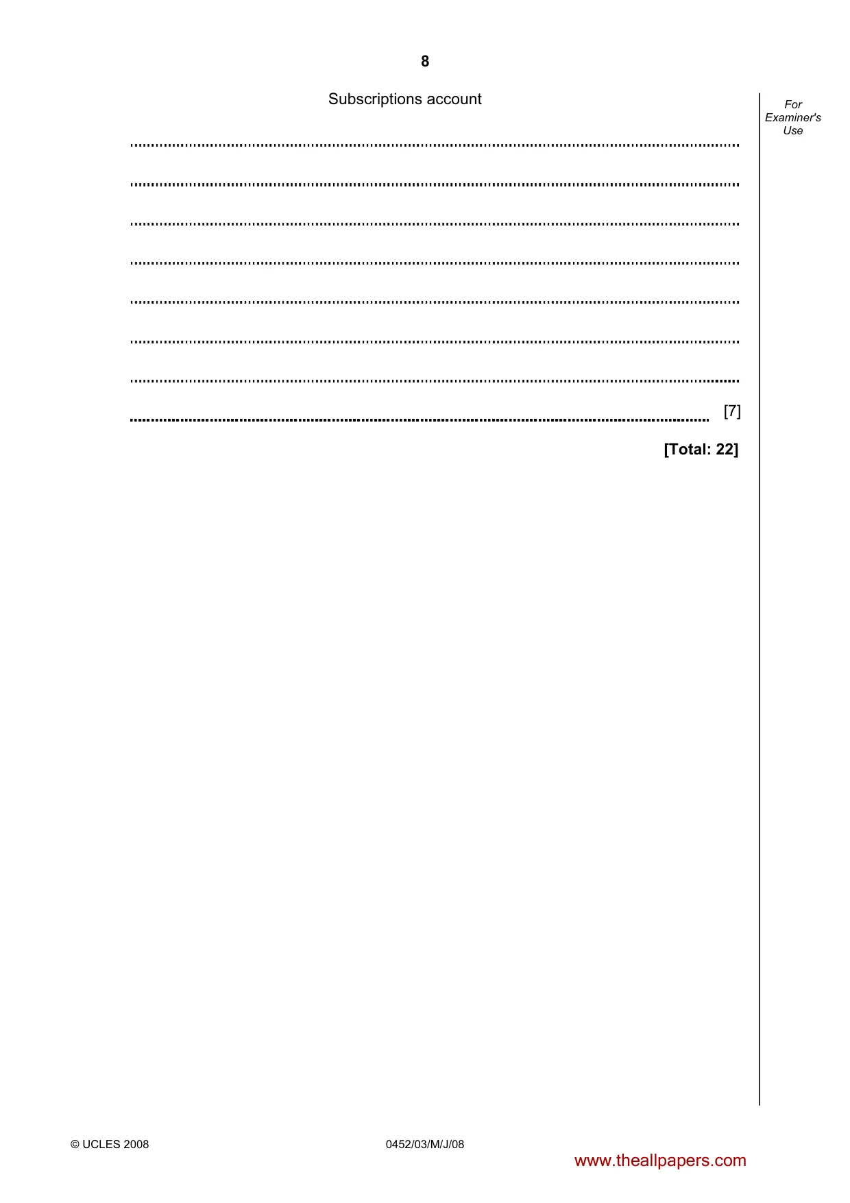 Cambridge IGCSE Accounting 0452 2008 May/June Paper 3 · Variant 1 question paper, page 8 of 20