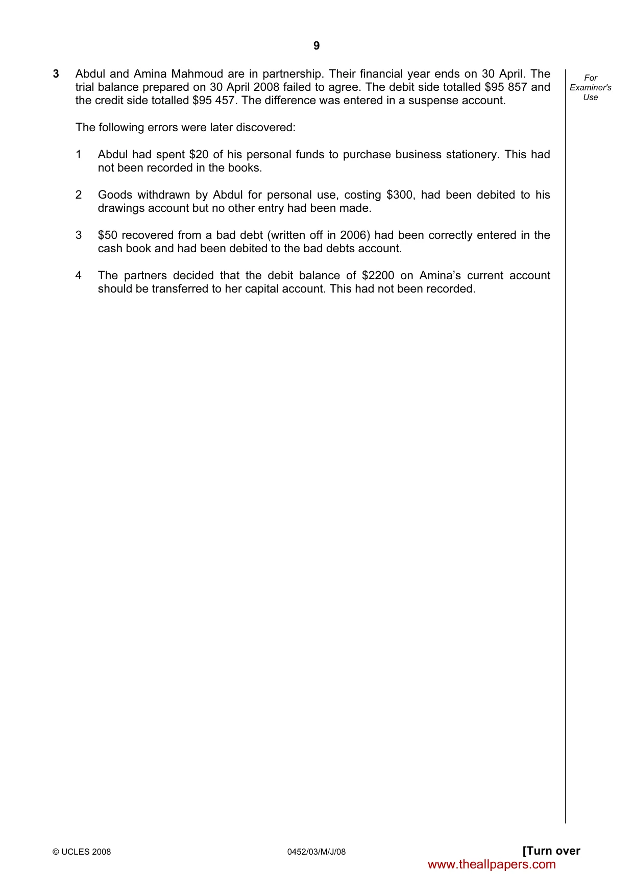 Cambridge IGCSE Accounting 0452 2008 May/June Paper 3 · Variant 1 question paper, page 9 of 20