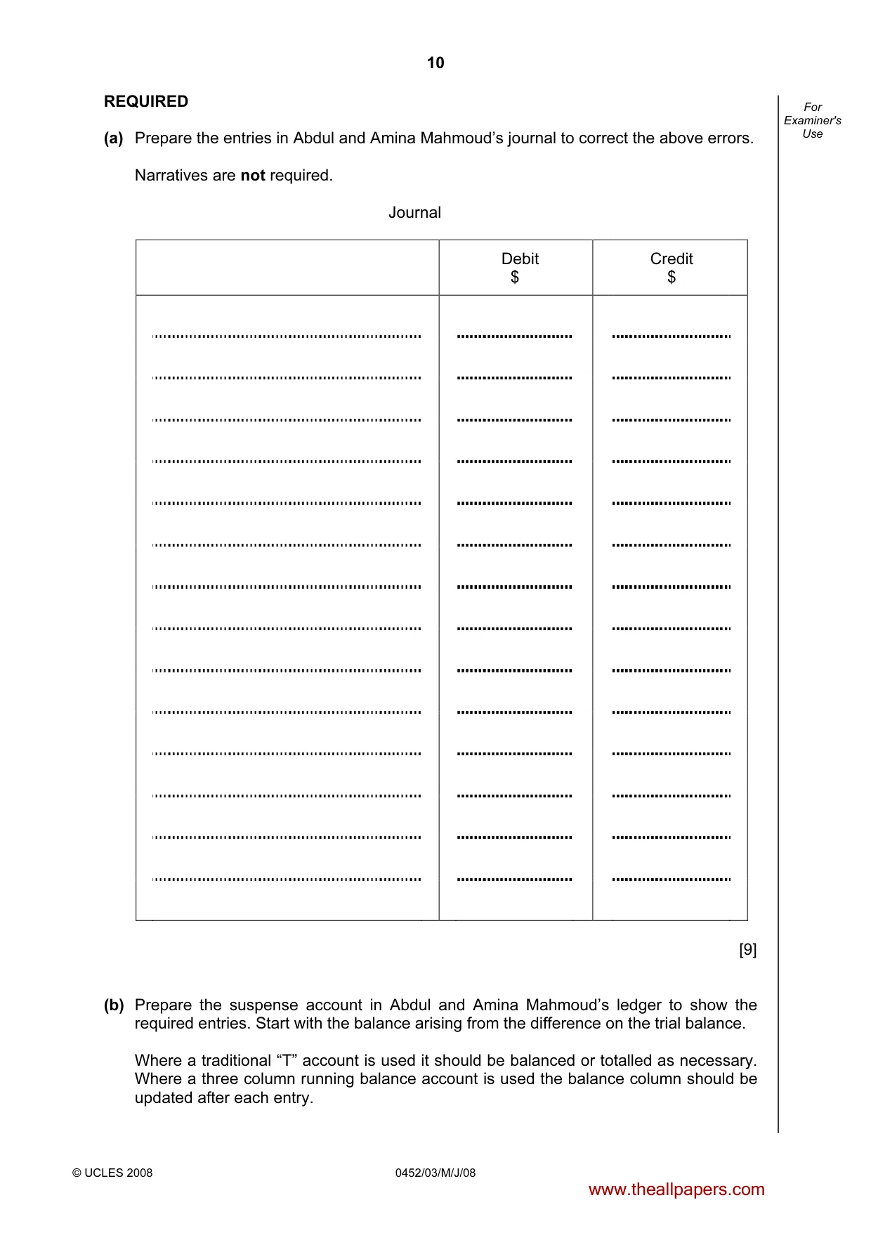 Cambridge IGCSE Accounting 0452 2008 May/June Paper 3 · Variant 1 question paper, page 10 of 20