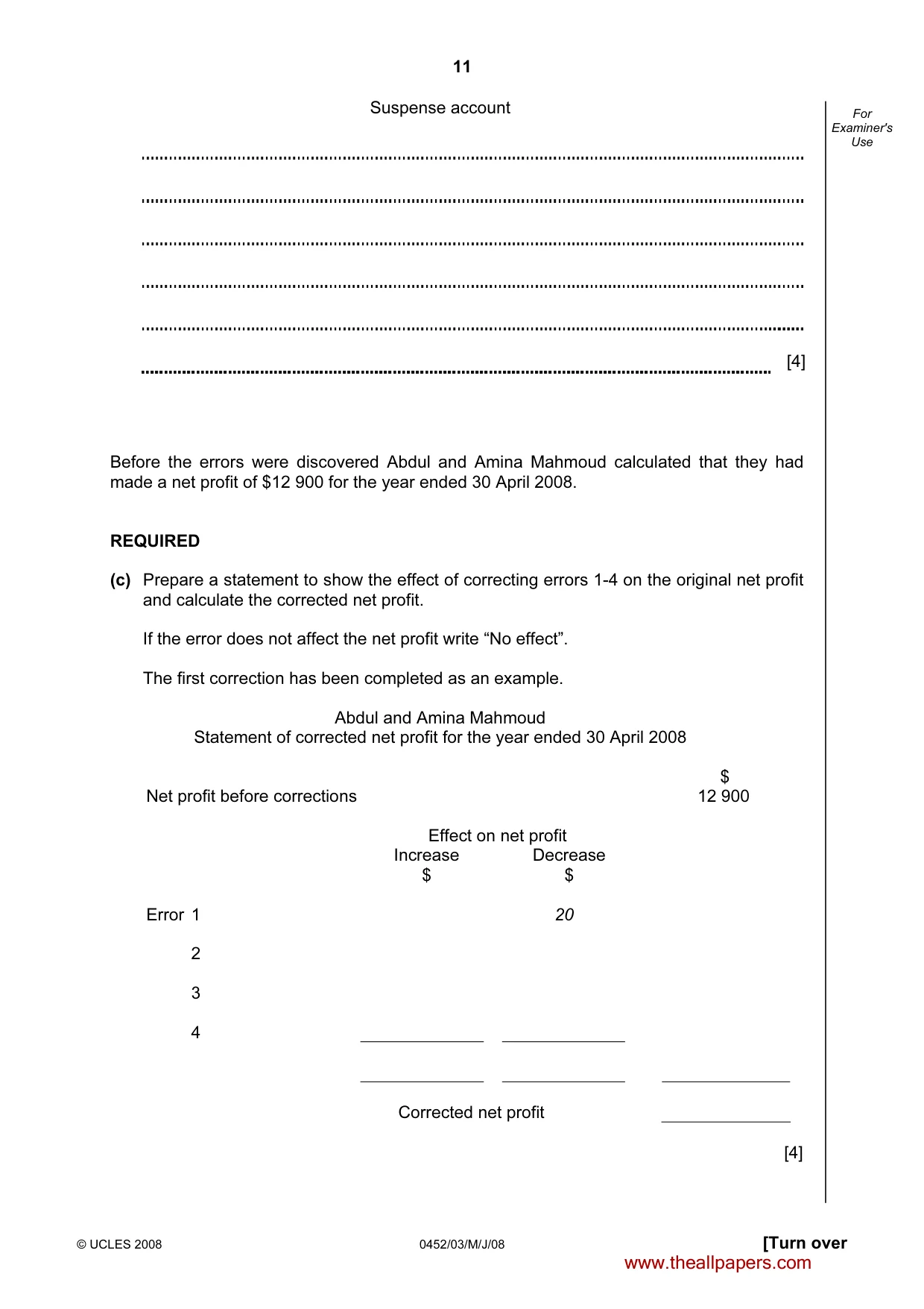 Cambridge IGCSE Accounting 0452 2008 May/June Paper 3 · Variant 1 question paper, page 11 of 20