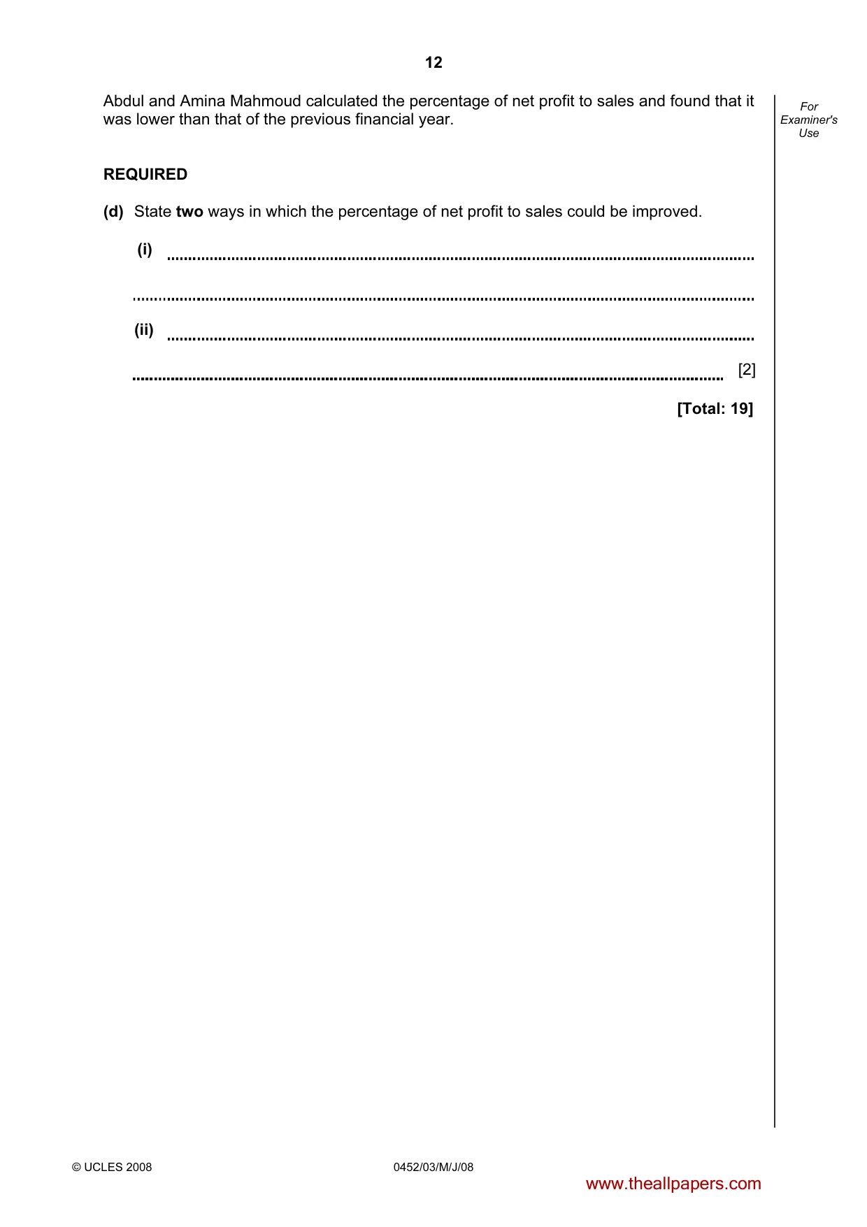 Cambridge IGCSE Accounting 0452 2008 May/June Paper 3 · Variant 1 question paper, page 12 of 20