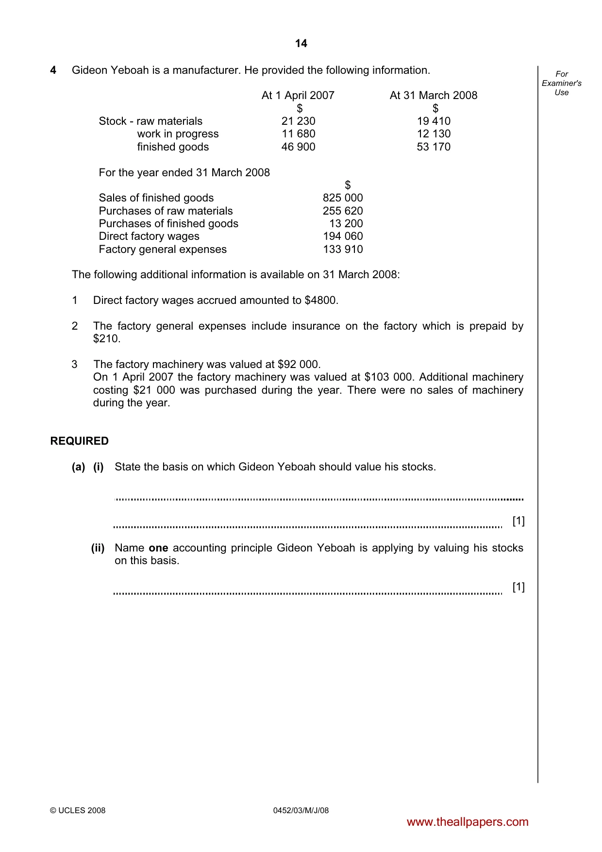 Cambridge IGCSE Accounting 0452 2008 May/June Paper 3 · Variant 1 question paper, page 14 of 20