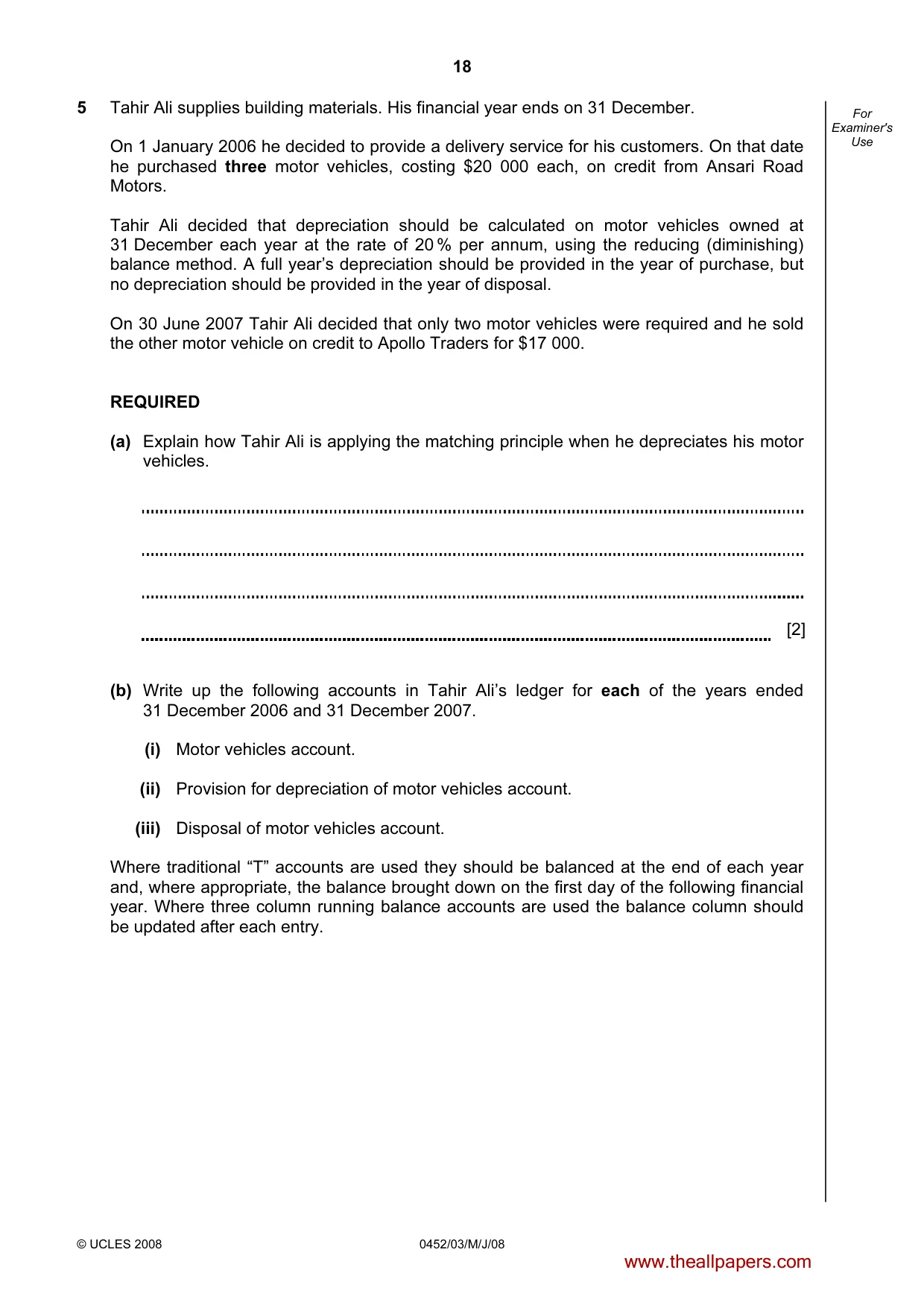 Cambridge IGCSE Accounting 0452 2008 May/June Paper 3 · Variant 1 question paper, page 18 of 20