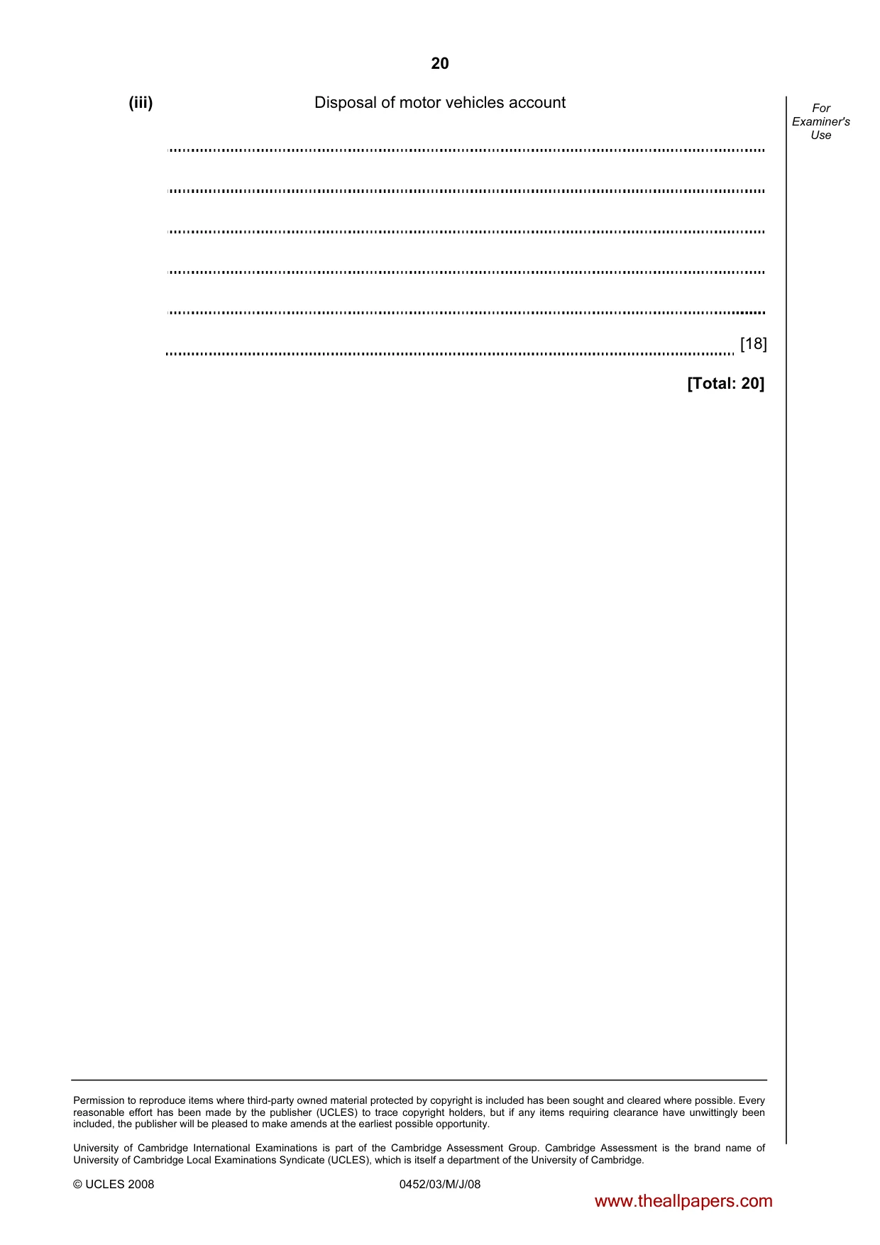 Cambridge IGCSE Accounting 0452 2008 May/June Paper 3 · Variant 1 question paper, page 20 of 20