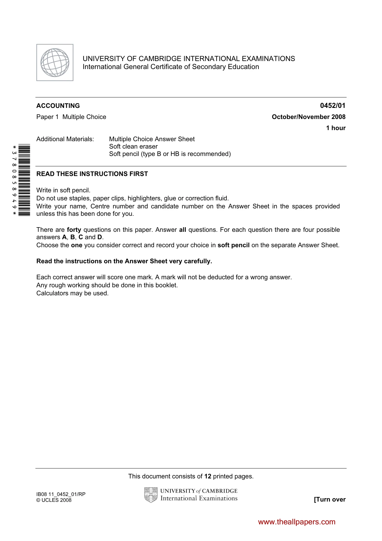 Cambridge IGCSE Accounting 0452 2008 Oct/Nov Paper 1 · Variant 1 question paper, page 1 of 12
