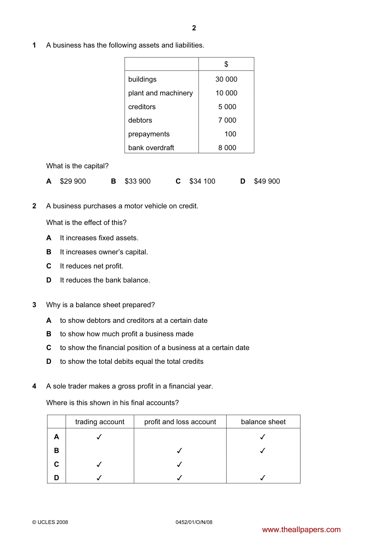 Cambridge IGCSE Accounting 0452 2008 Oct/Nov Paper 1 · Variant 1 question paper, page 2 of 12