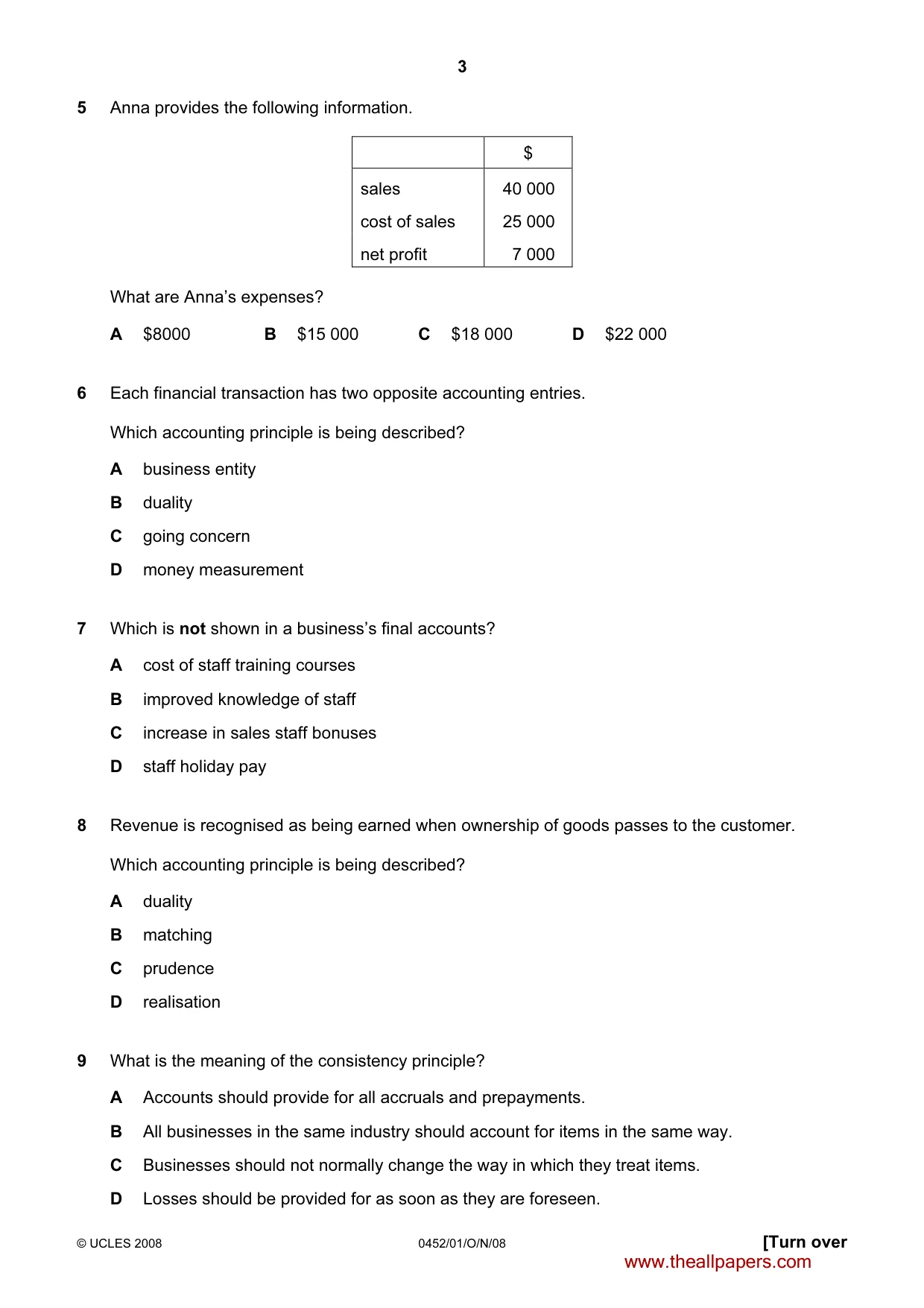 Cambridge IGCSE Accounting 0452 2008 Oct/Nov Paper 1 · Variant 1 question paper, page 3 of 12