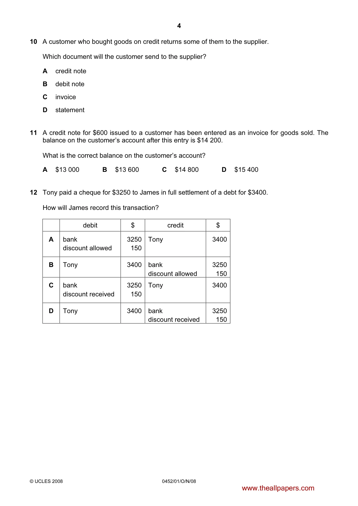 Cambridge IGCSE Accounting 0452 2008 Oct/Nov Paper 1 · Variant 1 question paper, page 4 of 12
