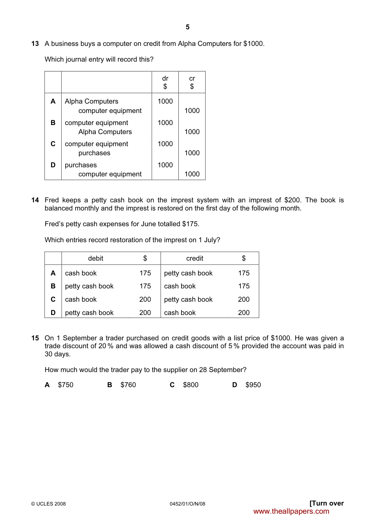 Cambridge IGCSE Accounting 0452 2008 Oct/Nov Paper 1 · Variant 1 question paper, page 5 of 12