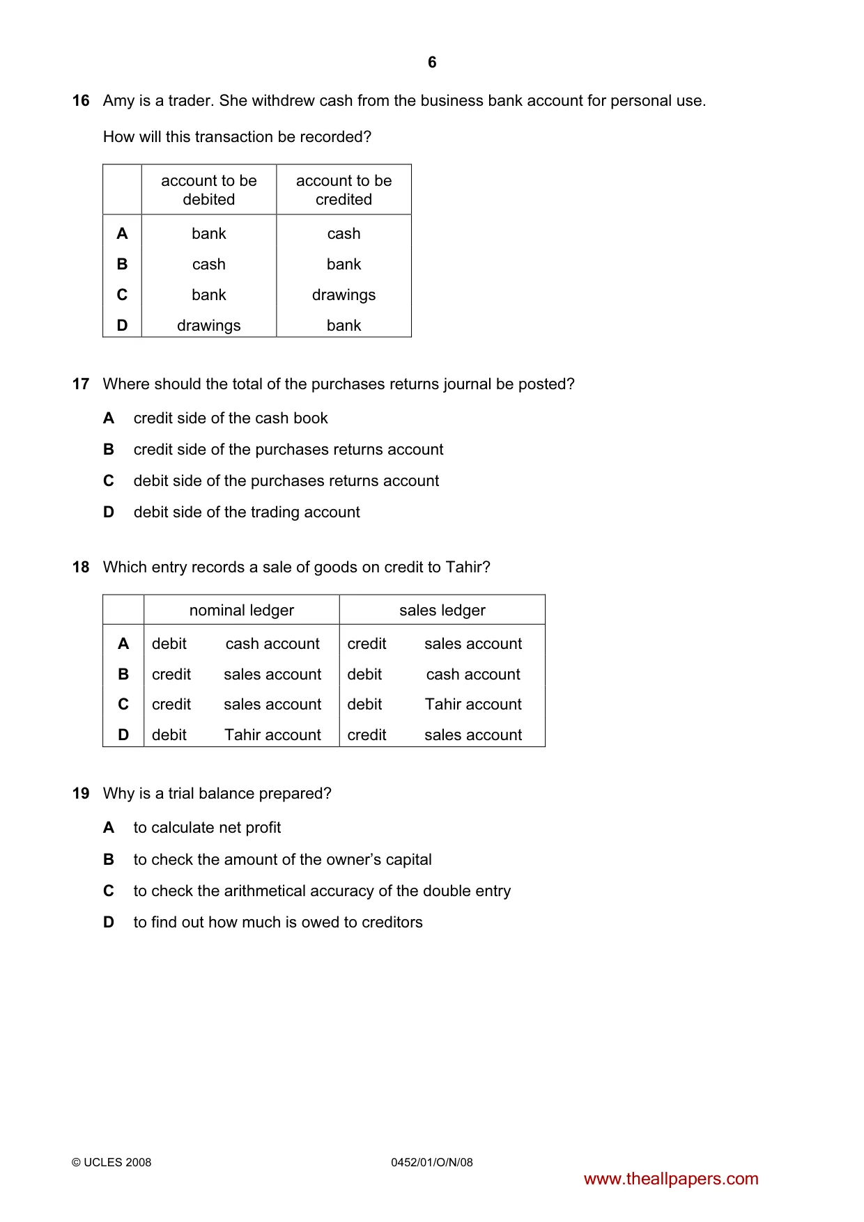 Cambridge IGCSE Accounting 0452 2008 Oct/Nov Paper 1 · Variant 1 question paper, page 6 of 12