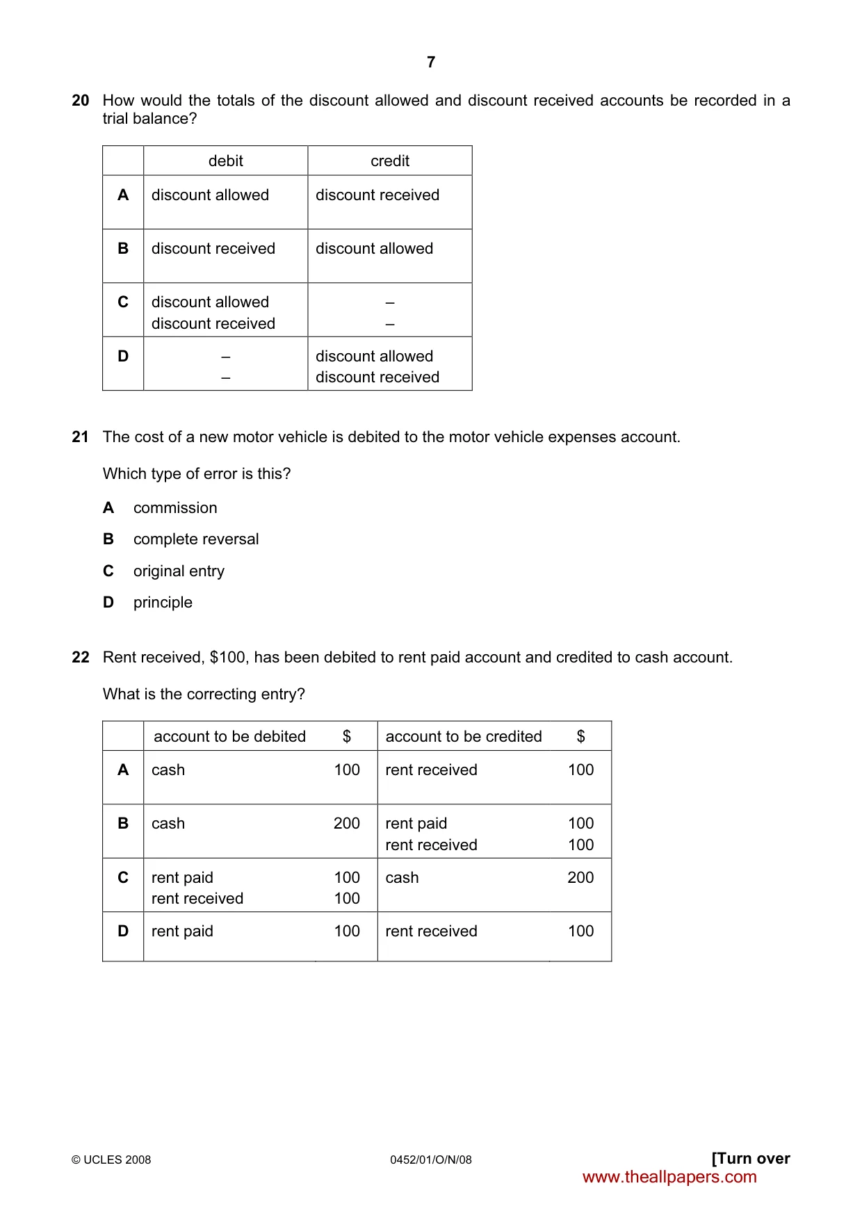 Cambridge IGCSE Accounting 0452 2008 Oct/Nov Paper 1 · Variant 1 question paper, page 7 of 12