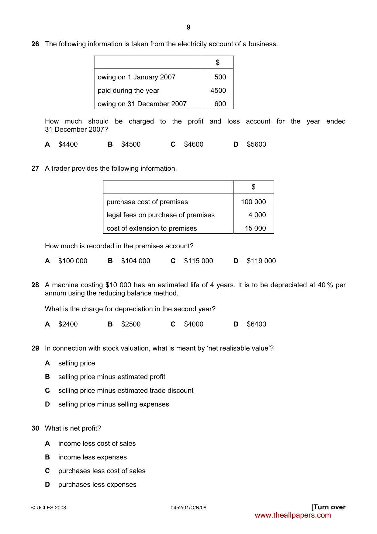 Cambridge IGCSE Accounting 0452 2008 Oct/Nov Paper 1 · Variant 1 question paper, page 9 of 12