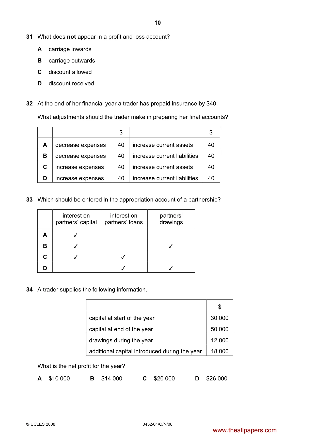 Cambridge IGCSE Accounting 0452 2008 Oct/Nov Paper 1 · Variant 1 question paper, page 10 of 12