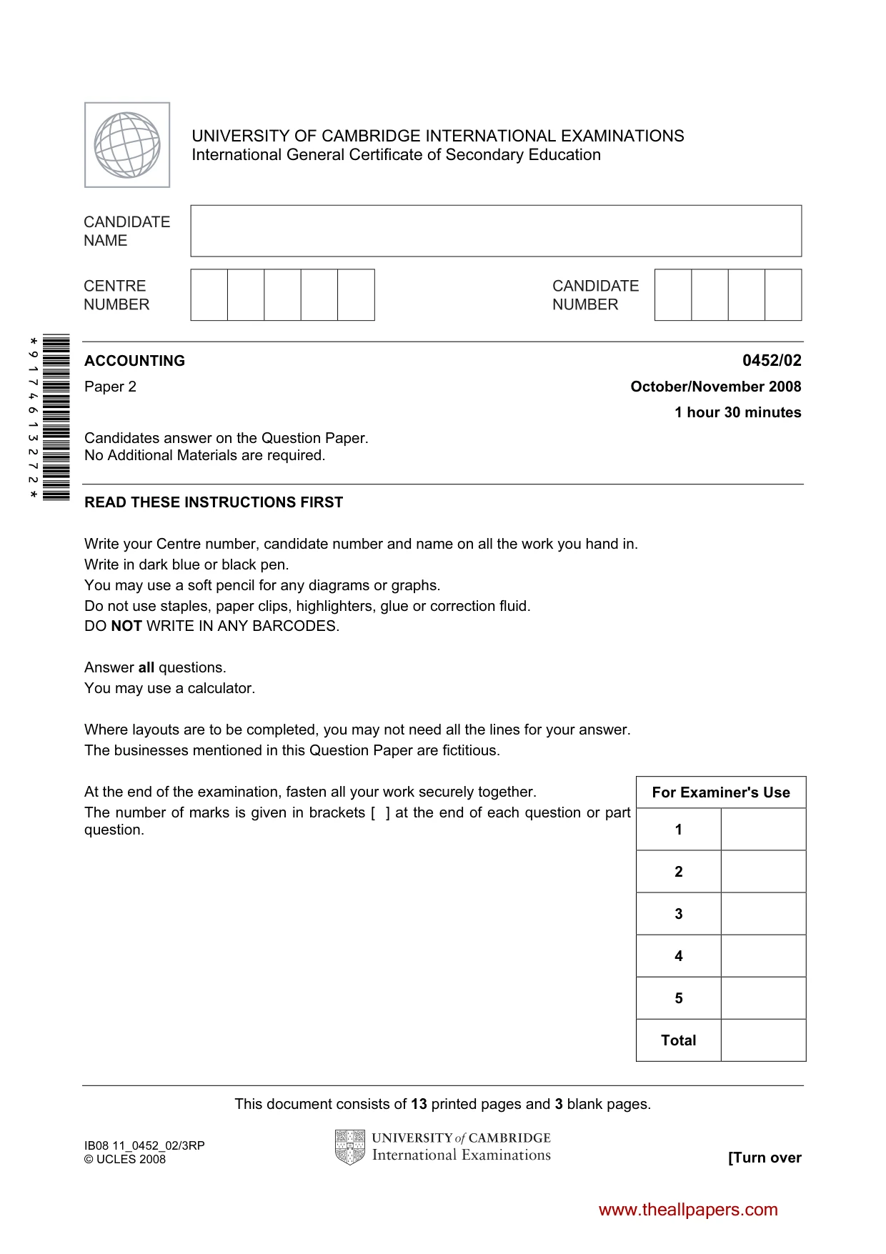 Cambridge IGCSE Accounting 0452 2008 Oct/Nov Paper 2 · Variant 1 question paper, page 1 of 16