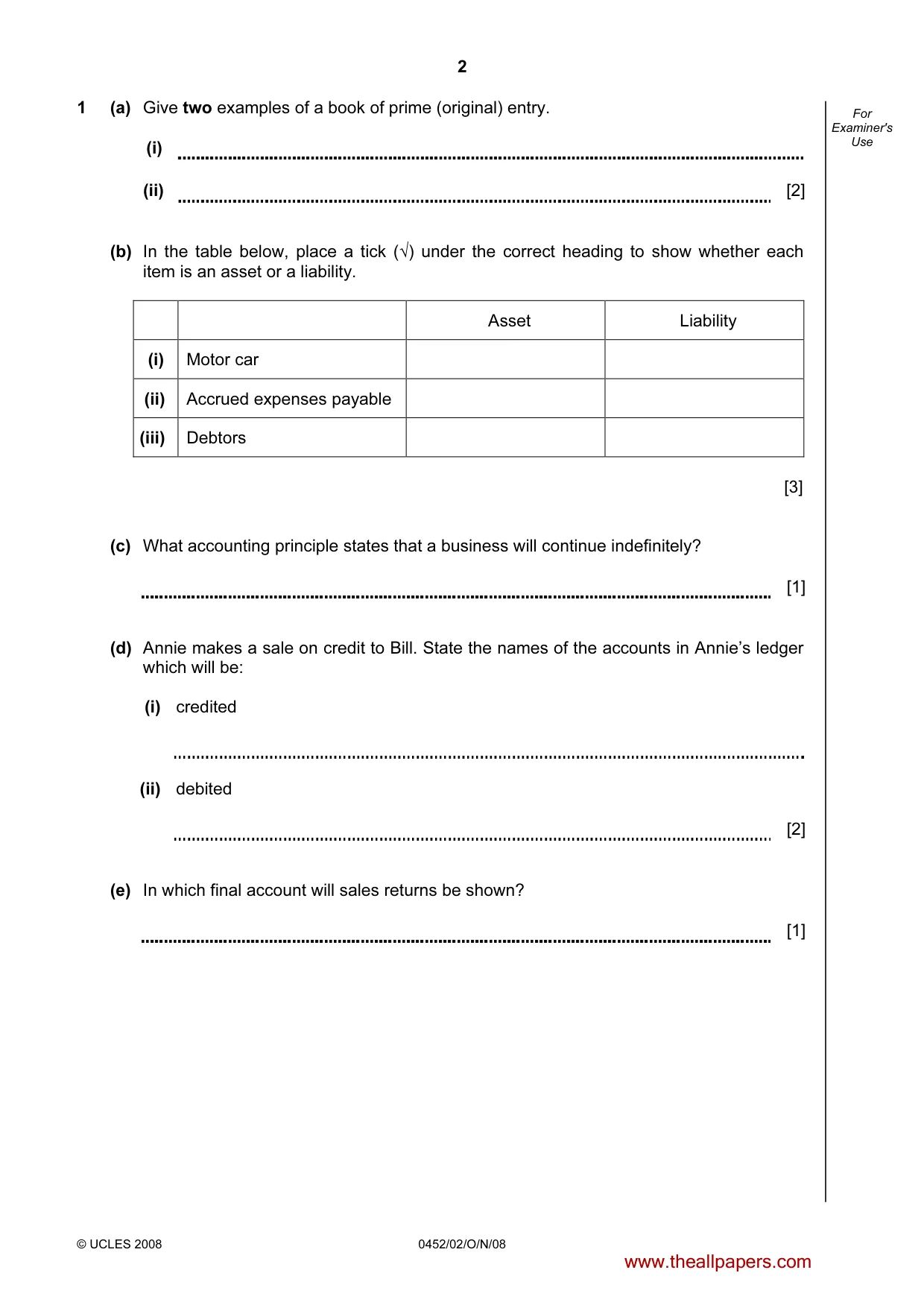 Cambridge IGCSE Accounting 0452 2008 Oct/Nov Paper 2 · Variant 1 question paper, page 2 of 16