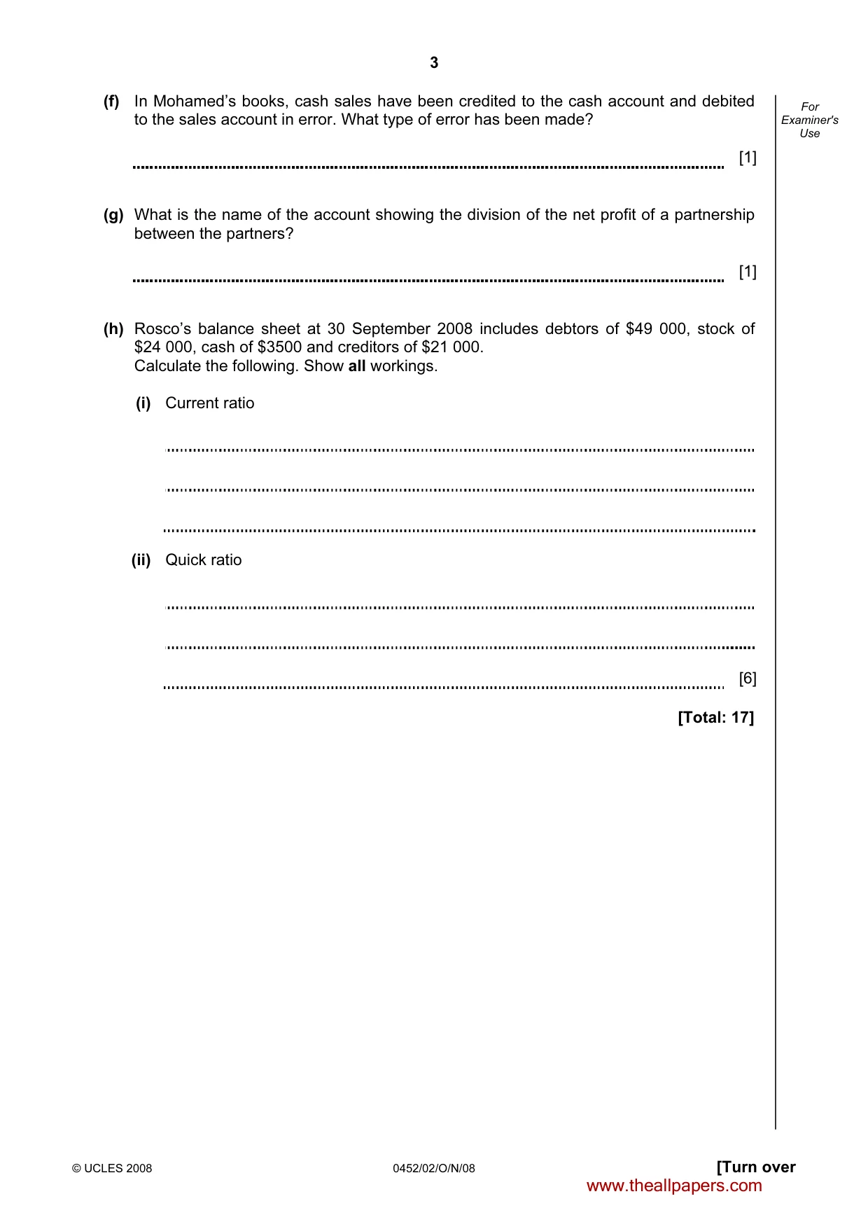 Cambridge IGCSE Accounting 0452 2008 Oct/Nov Paper 2 · Variant 1 question paper, page 3 of 16