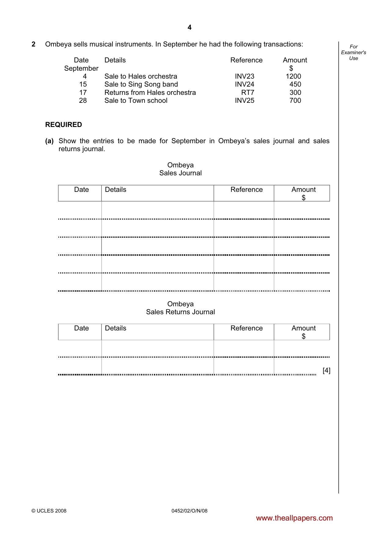 Cambridge IGCSE Accounting 0452 2008 Oct/Nov Paper 2 · Variant 1 question paper, page 4 of 16