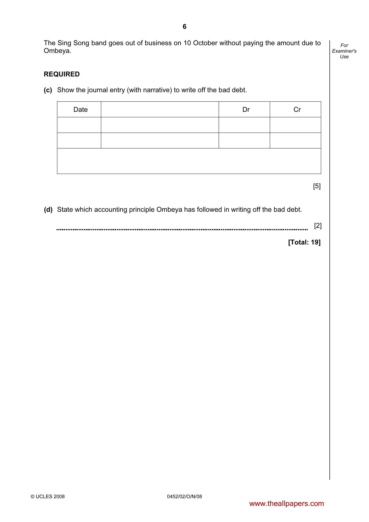 Cambridge IGCSE Accounting 0452 2008 Oct/Nov Paper 2 · Variant 1 question paper, page 6 of 16