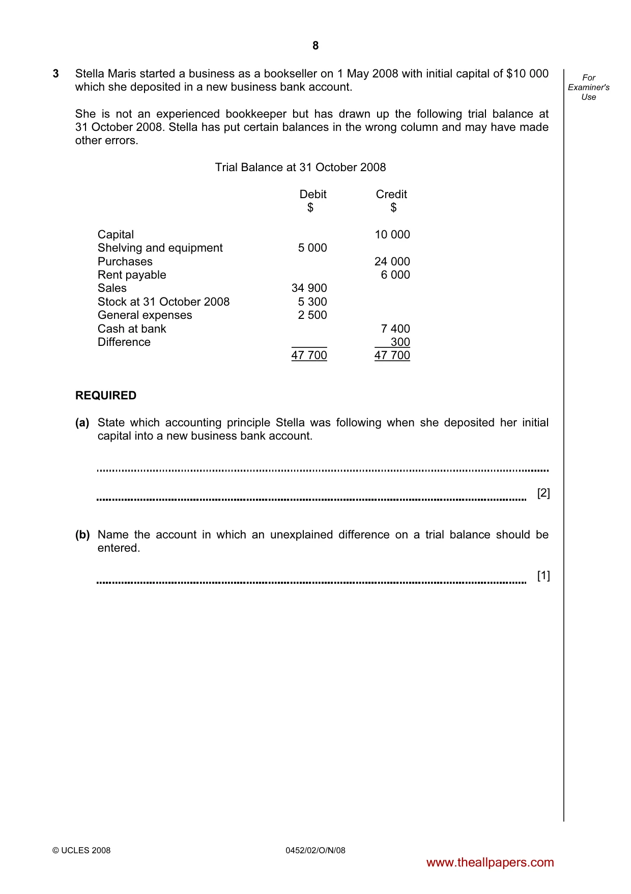 Cambridge IGCSE Accounting 0452 2008 Oct/Nov Paper 2 · Variant 1 question paper, page 8 of 16