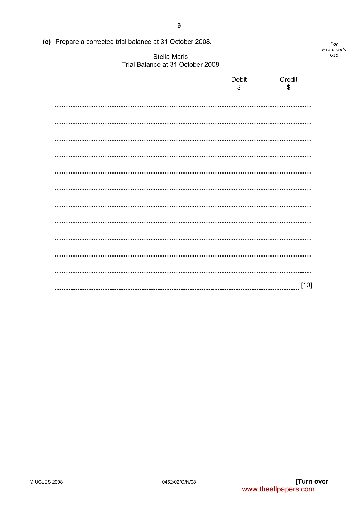 Cambridge IGCSE Accounting 0452 2008 Oct/Nov Paper 2 · Variant 1 question paper, page 9 of 16