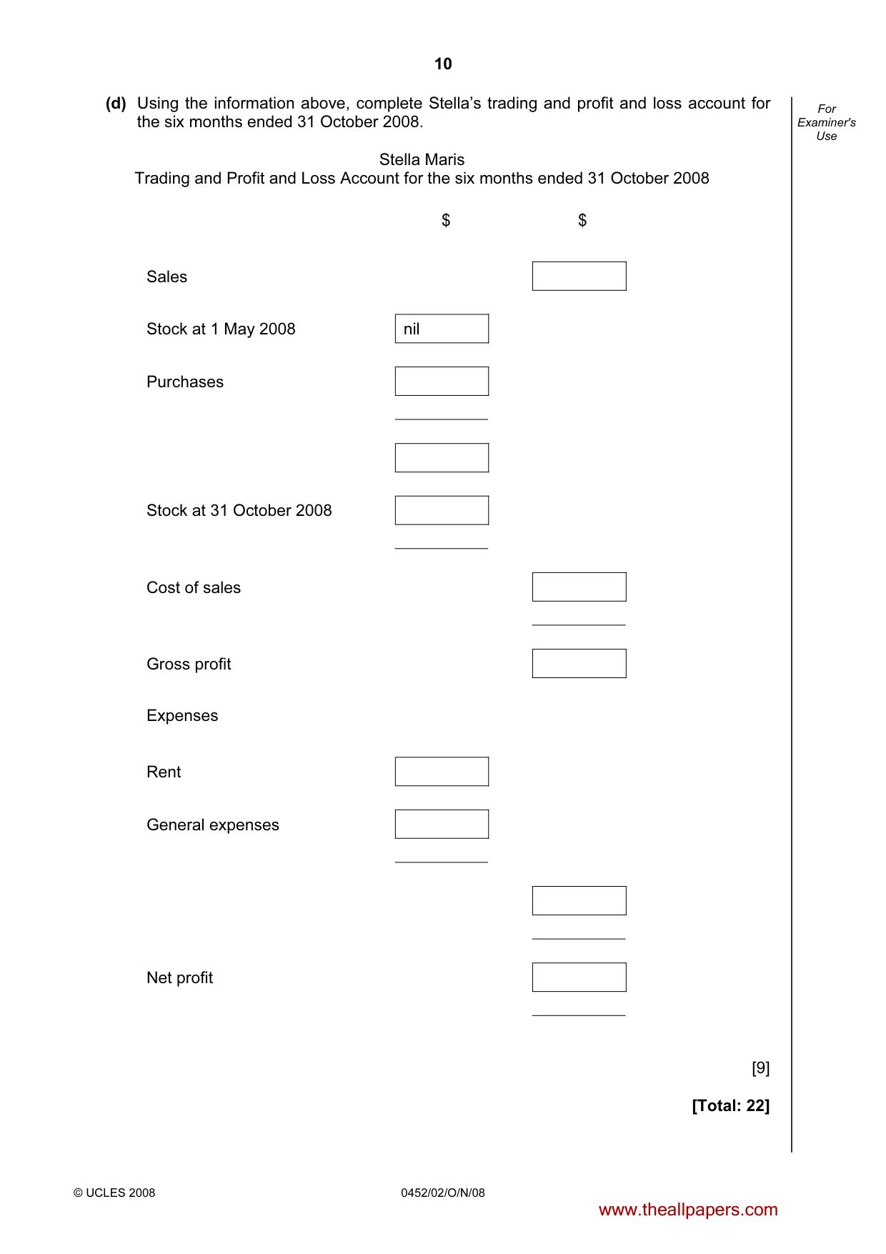 Cambridge IGCSE Accounting 0452 2008 Oct/Nov Paper 2 · Variant 1 question paper, page 10 of 16